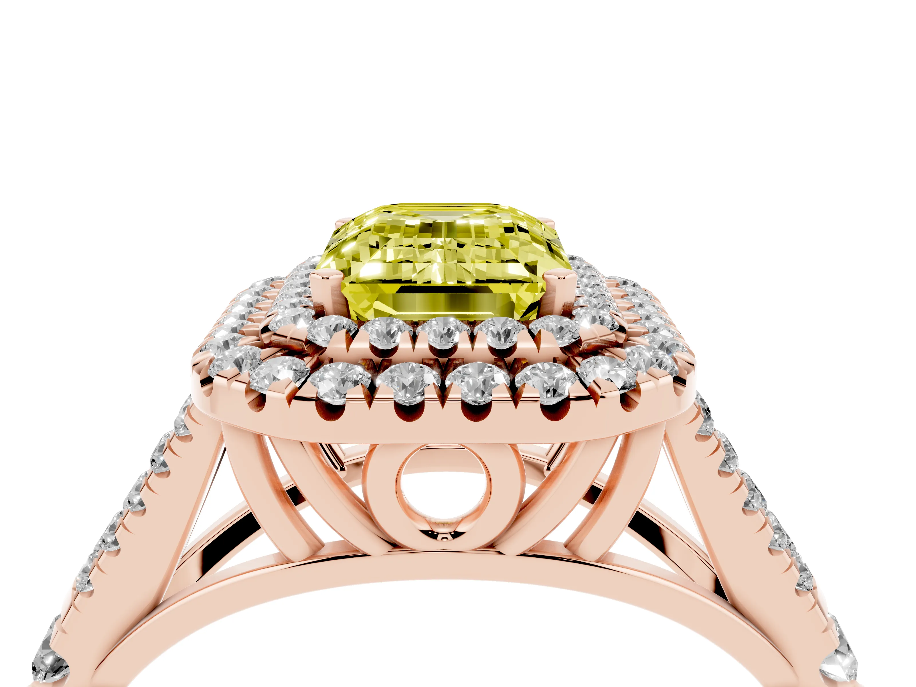 Fancy Yellow Emerald Cut Diamond Pavé Split Shank Double Halo Engagement Ring Set in Rose gold