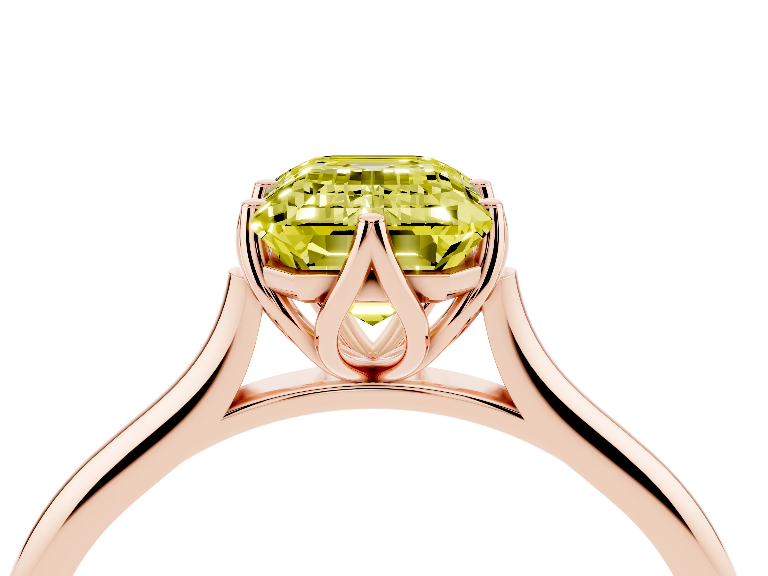 Fancy Yellow Emerald Cut Diamond Solitaire Cathedral Ring Set in Rose gold with Prong Setting