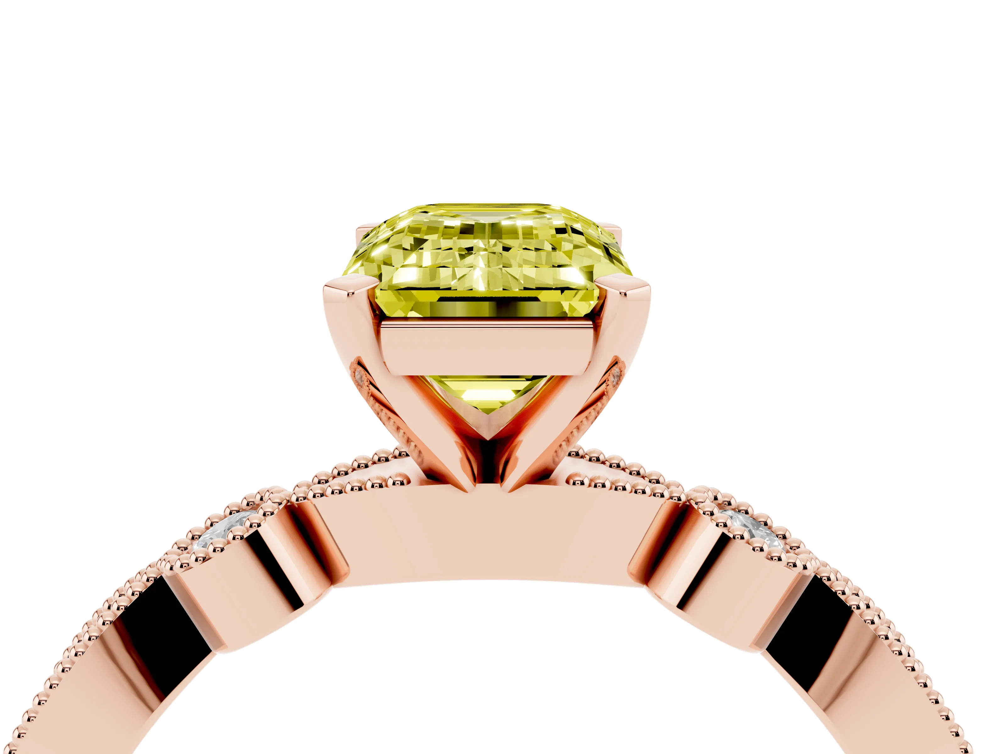 Fancy Yellow Emerald Cut Diamond Solitaire Engagement Ring Set in Rose gold with Milgrain Bezel Accent Band