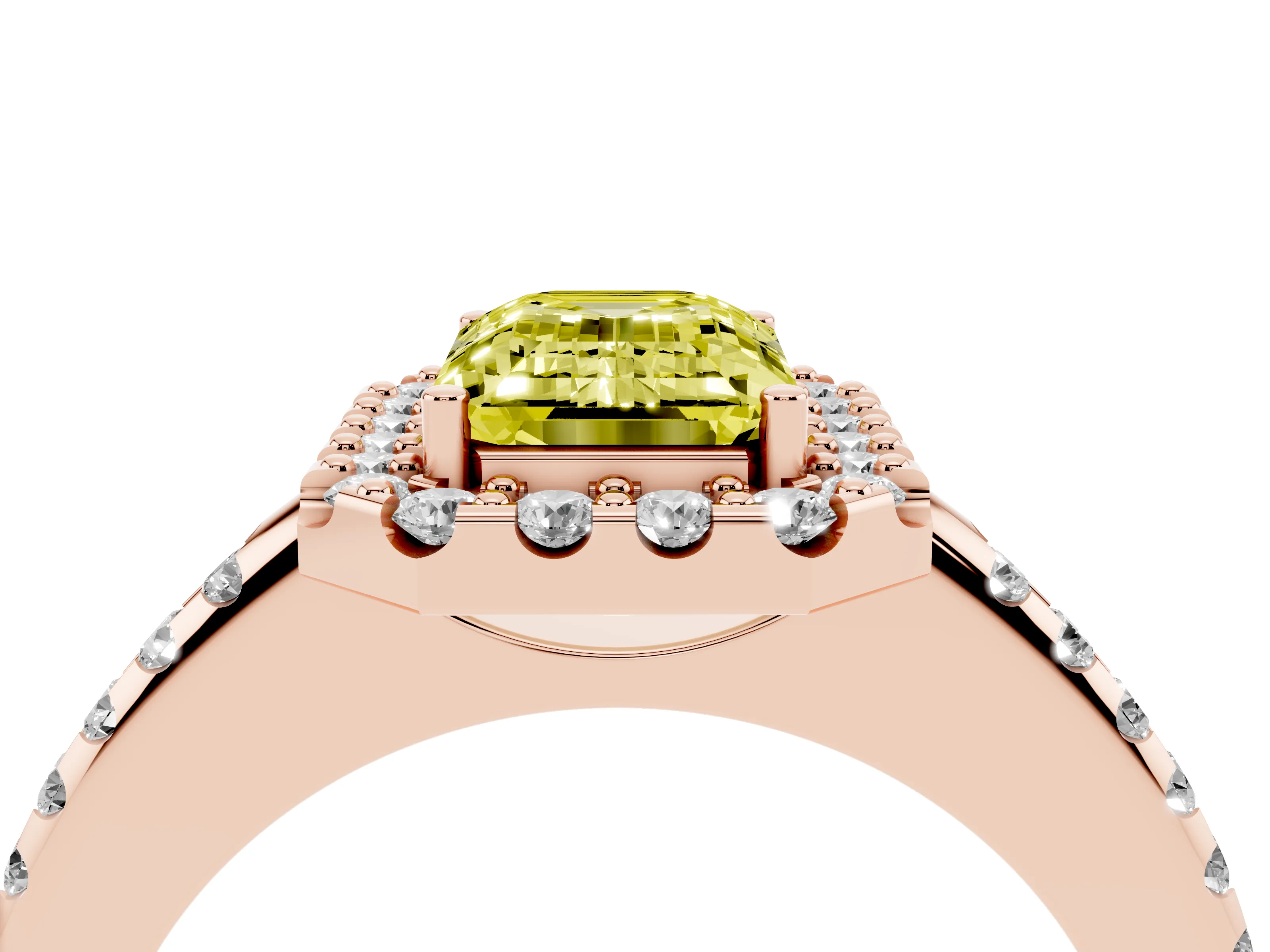 Fancy Yellow Emerald Cut Diamond Pavé Halo Ring Set in Rose gold with Prong Setting