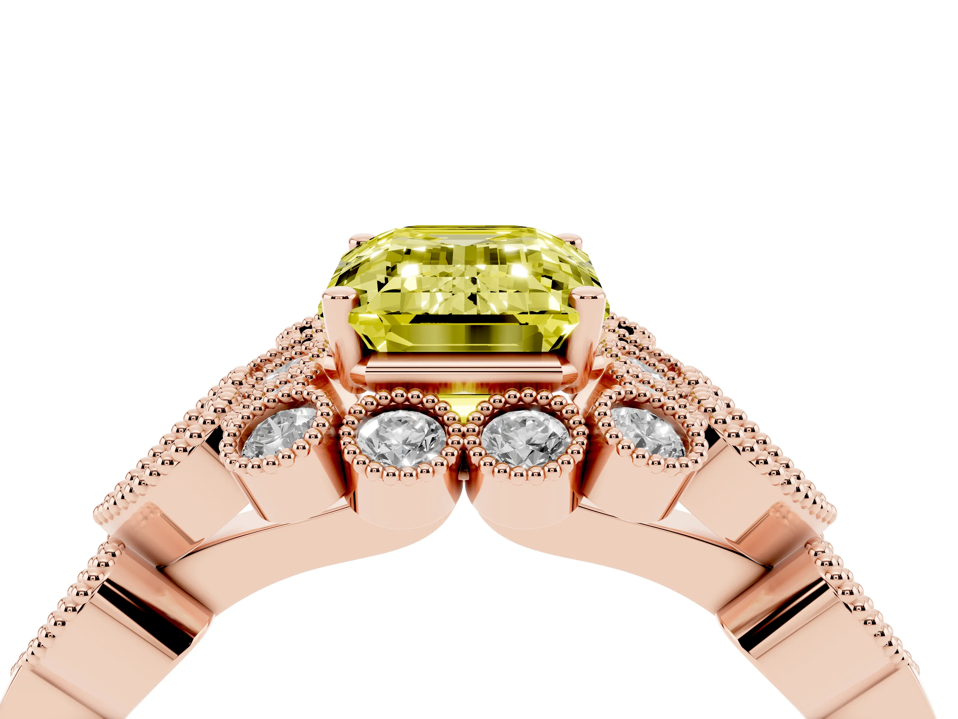 Fancy Yellow Emerald Cut Diamond Solitaire Ring Set in Rose gold with Milgrain Pavé Heart Band
