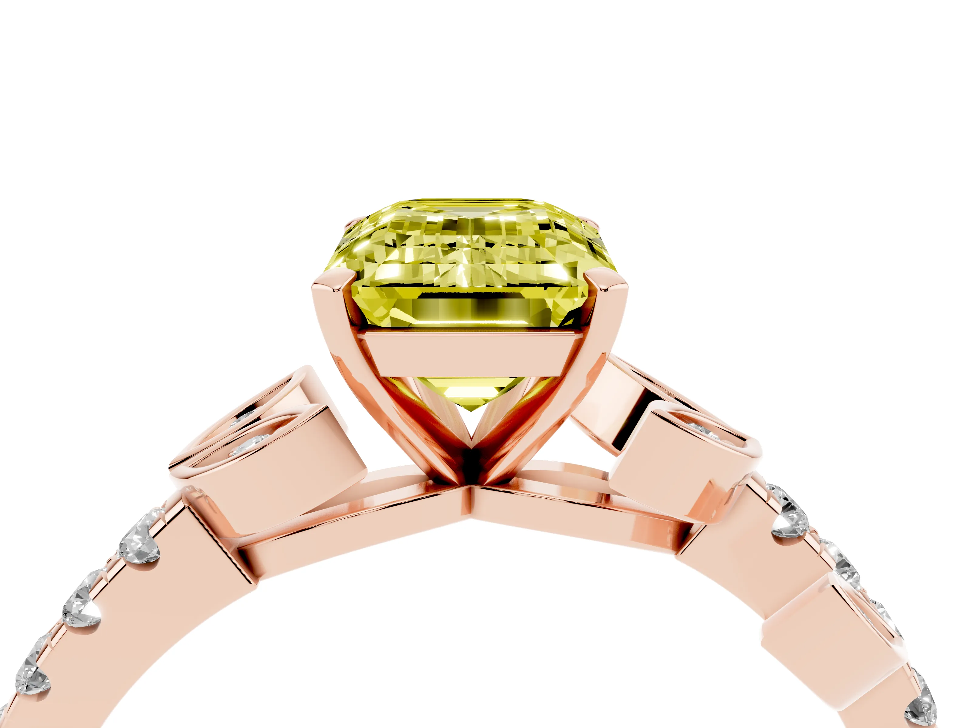 Fancy Yellow Emerald Cut Diamond Solitaire Leaf-Inspired Ring Set in Rose gold with Pavé Band and Prong Setting