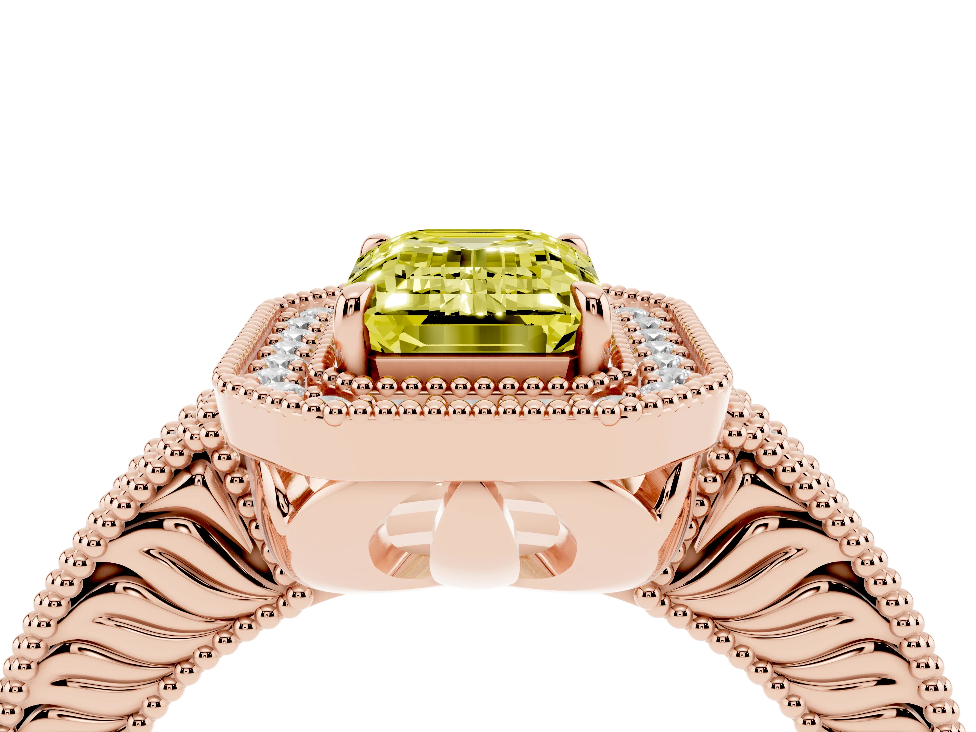Fancy Yellow Emerald Cut Diamond Halo Ring Set in Rose gold with Round Accent Halo, Pavé Band and Prong Setting
