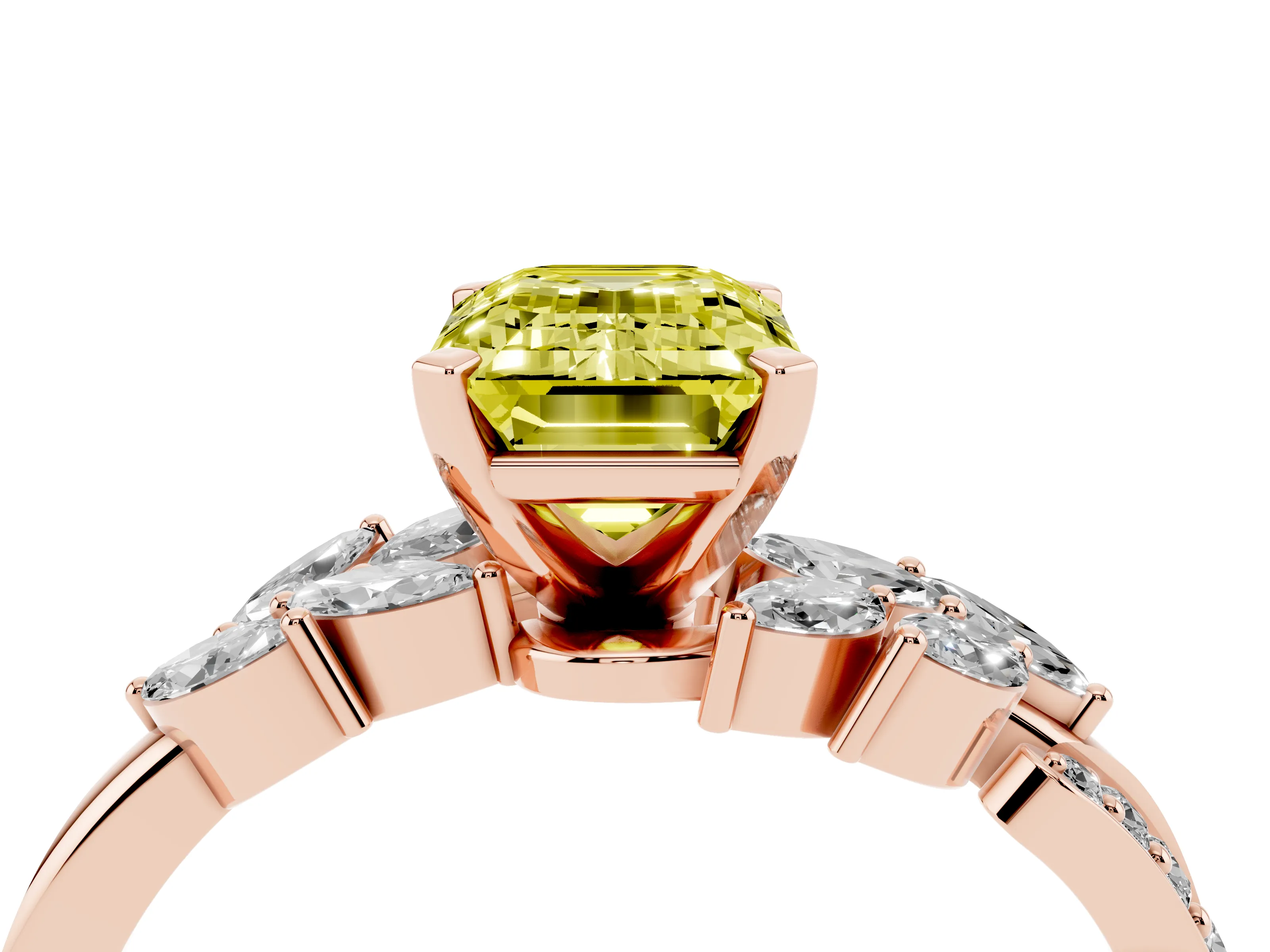 Fancy Yellow Emerald Cut Diamond Solitaire Ring Set in Rose gold with Marquise Twist Band and Prong Setting