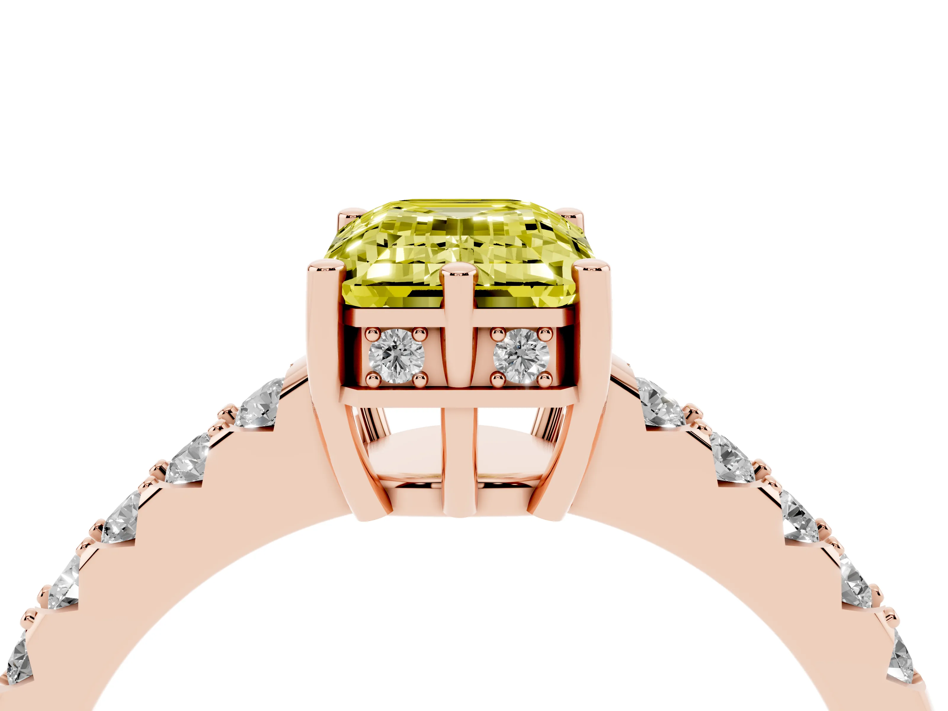 Fancy Yellow Emerald Cut Diamond Solitaire Engagement Ring Set in Rose gold with Pavé Band and Prong Setting