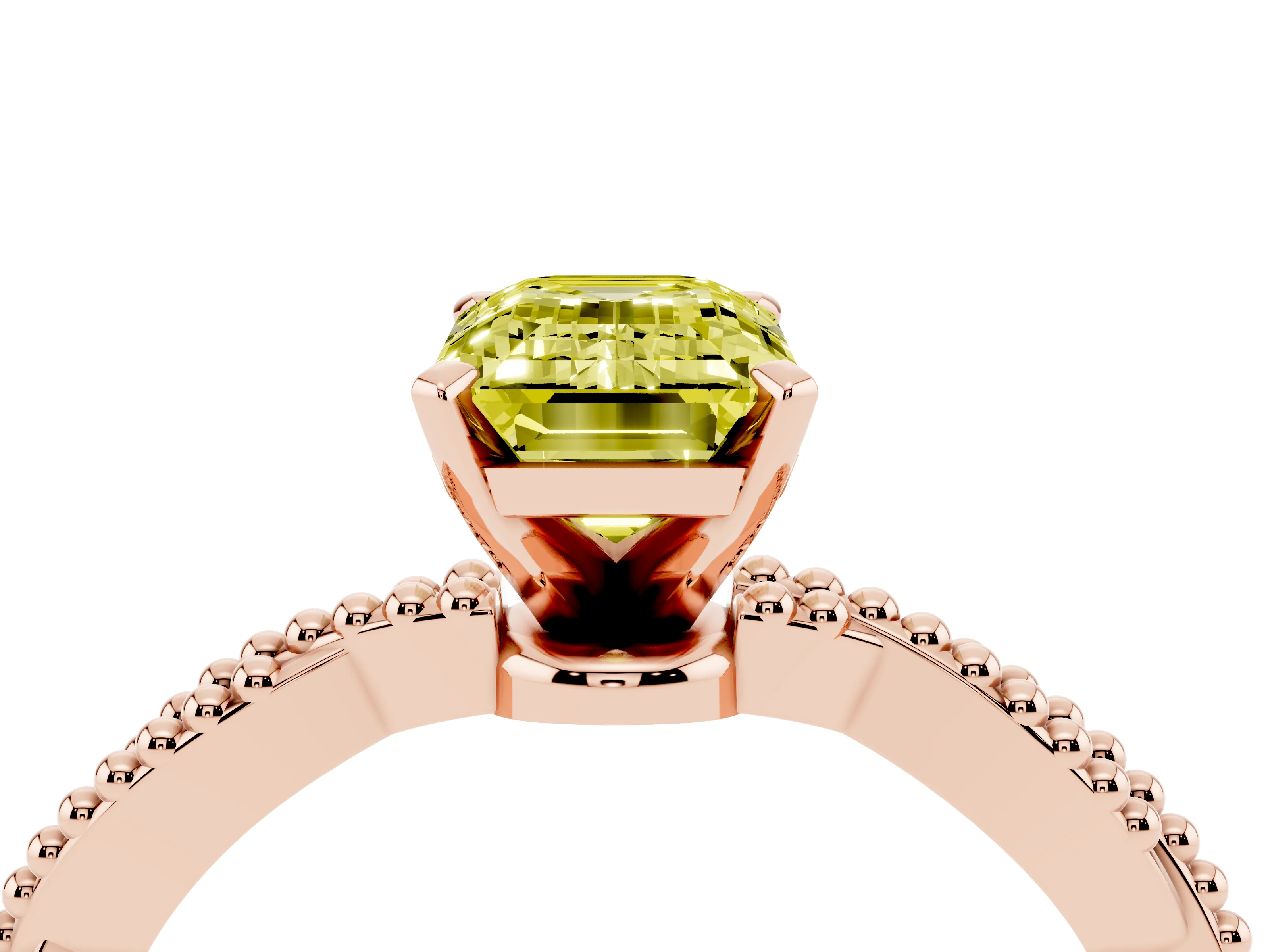 Fancy Yellow Emerald Cut Diamond Solitaire Ring Set in Rose gold with Twisted Band and Bead Prong Setting