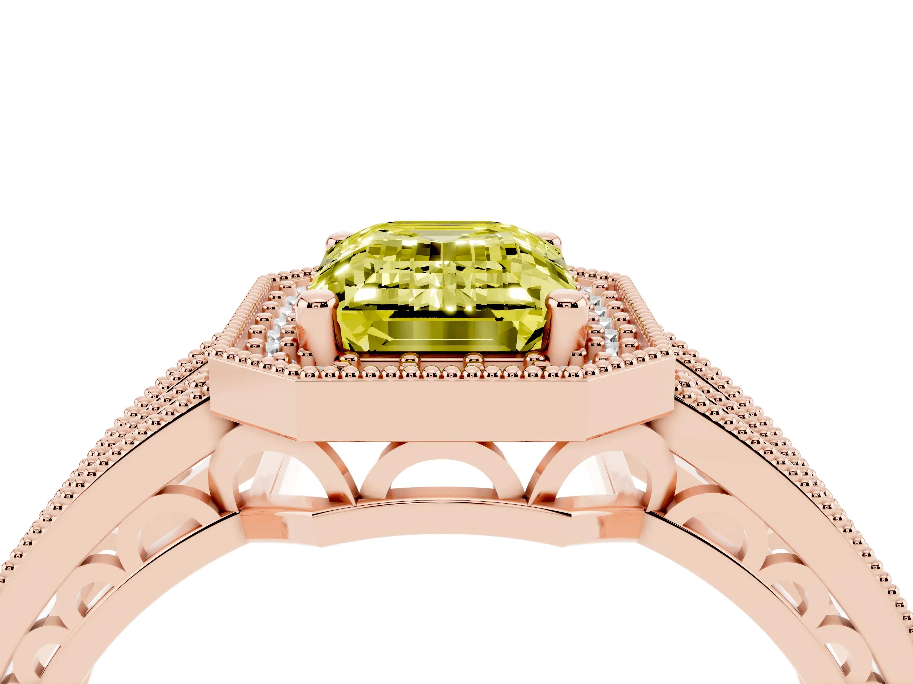 Fancy Yellow Emerald Cut Diamond Halo Ring Set in Rose gold with Accent Split Shank and Prong Setting