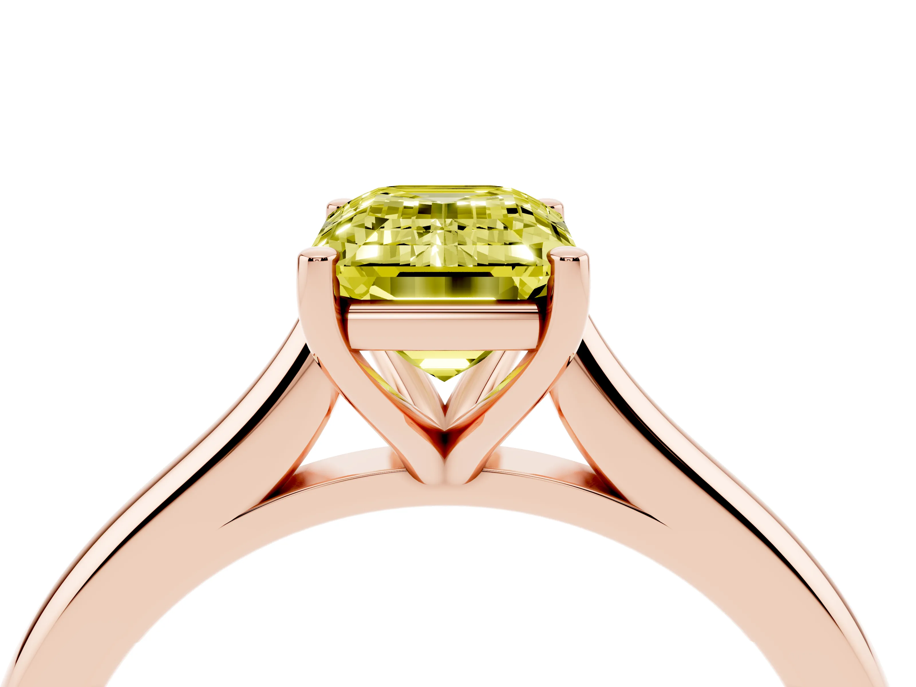 Fancy Yellow Emerald Cut Diamond Solitaire Ring Set in Rose gold with Cathedral Band and Prong Setting