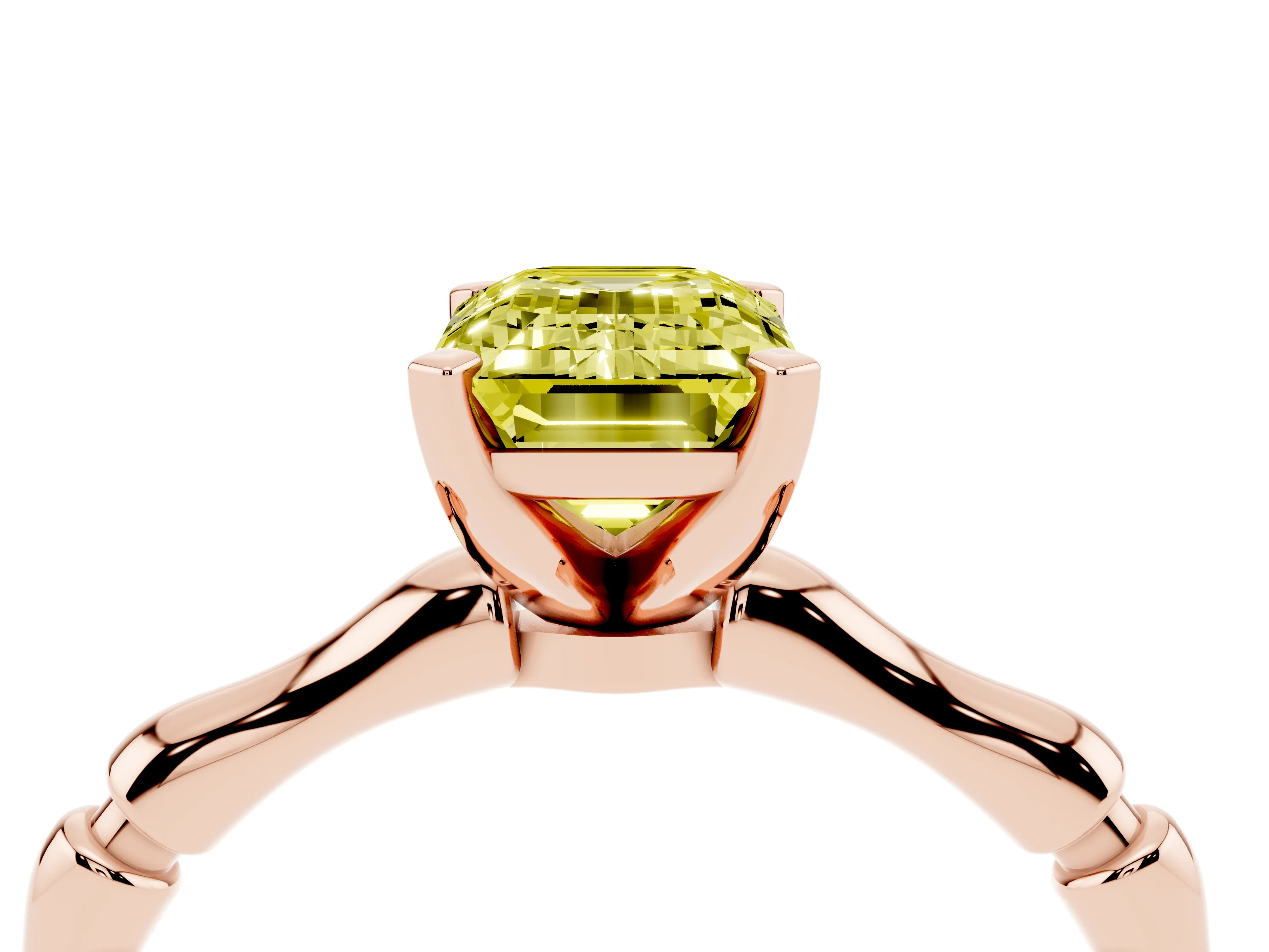 Fancy Yellow Emerald Cut Diamond Solitaire Ring Set in Rose gold with Bamboo Band and Prong Setting
