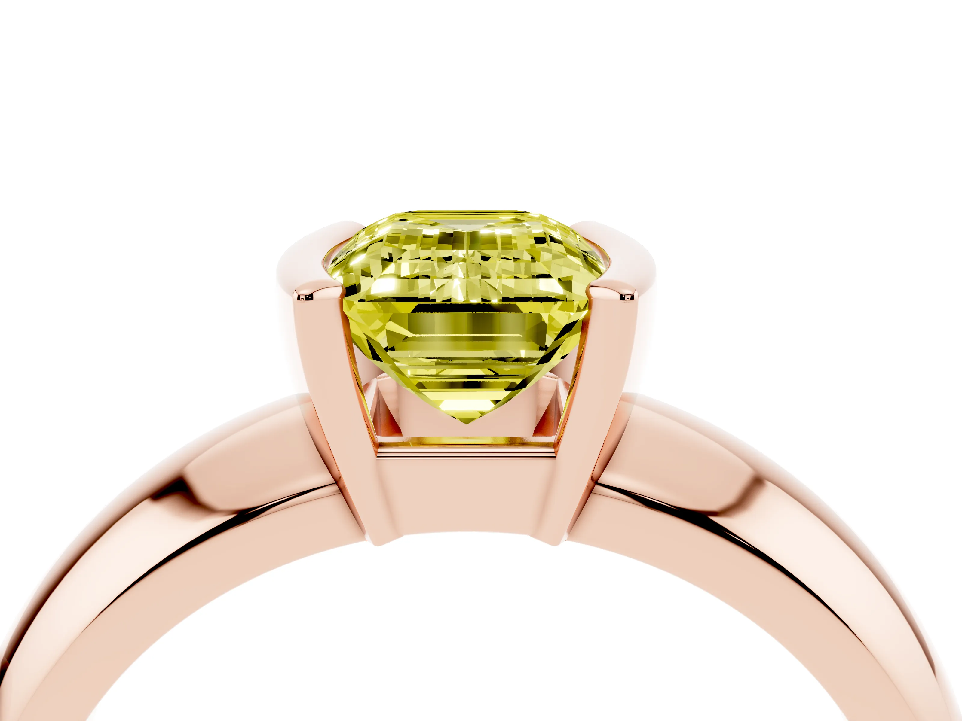 Fancy Yellow Emerald Cut Diamond Solitaire Tension Set Ring Set in Rose gold with Wide Band