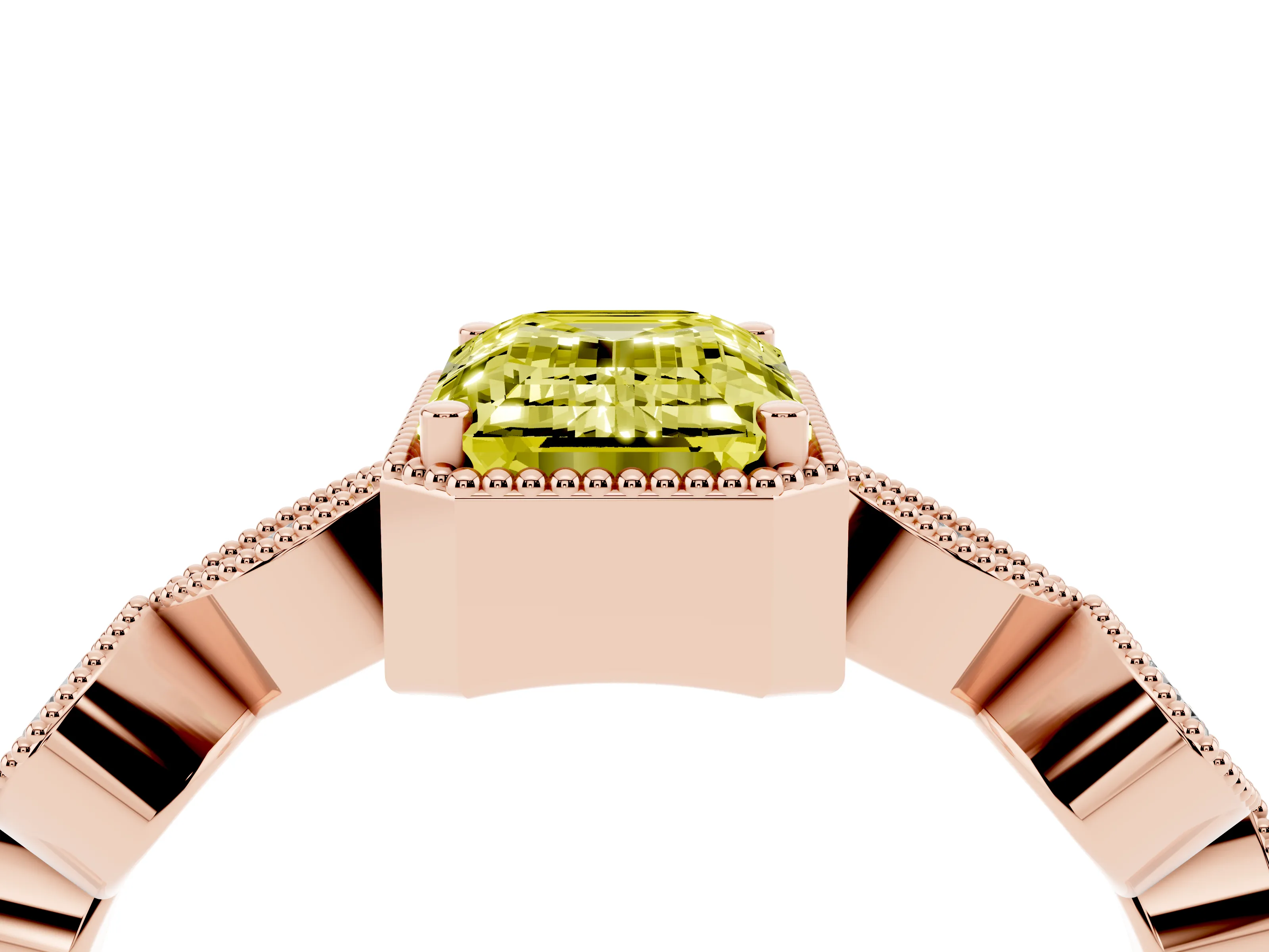 Fancy Yellow Emerald Cut Diamond Vintage-Inspired Milgrain Ring Set in Rose gold with Marquise Stations of Round Accents