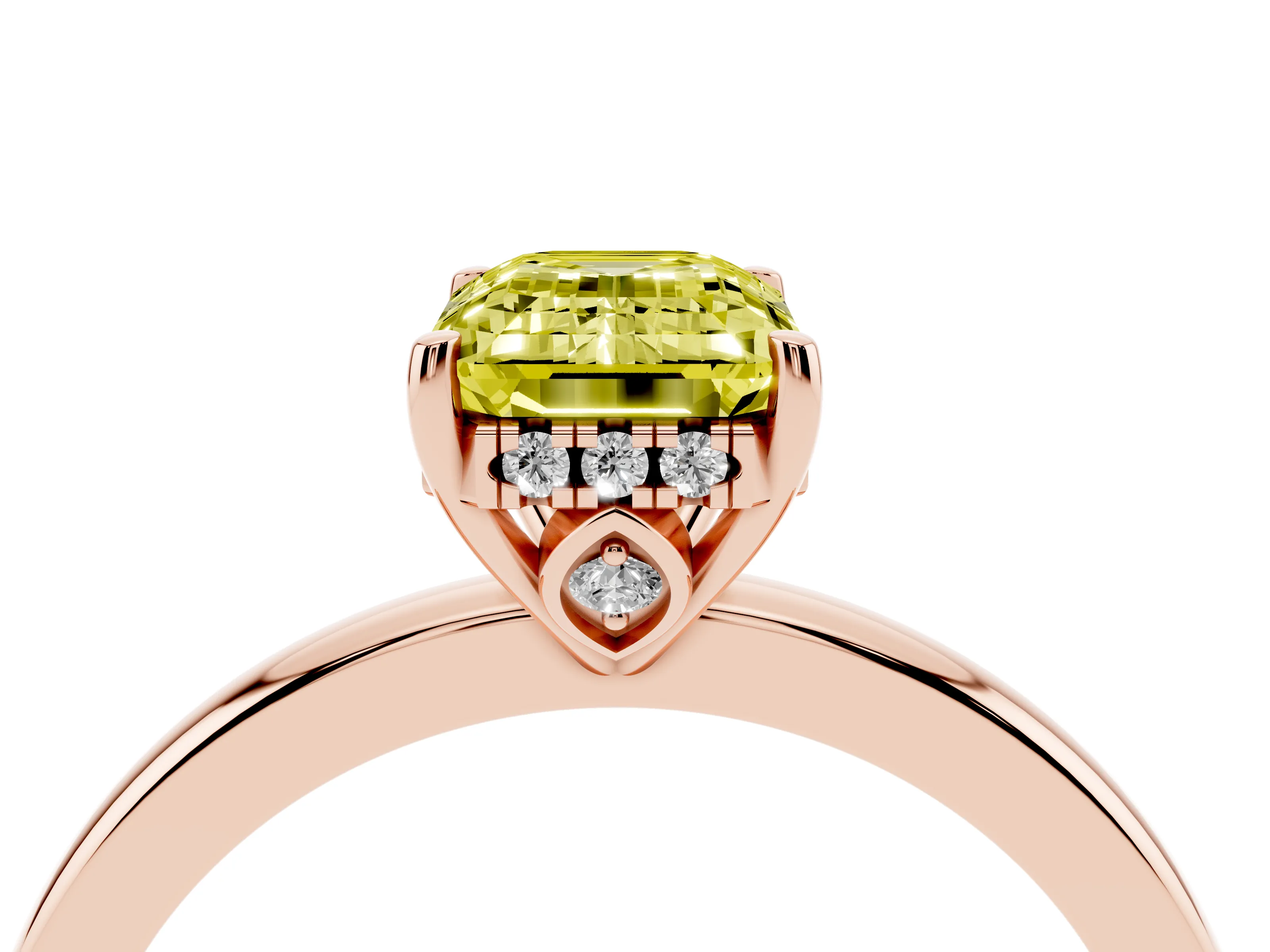 Fancy Yellow Emerald Cut Diamond Solitaire Ring Set in Rose gold with Plain Band and Prong Setting