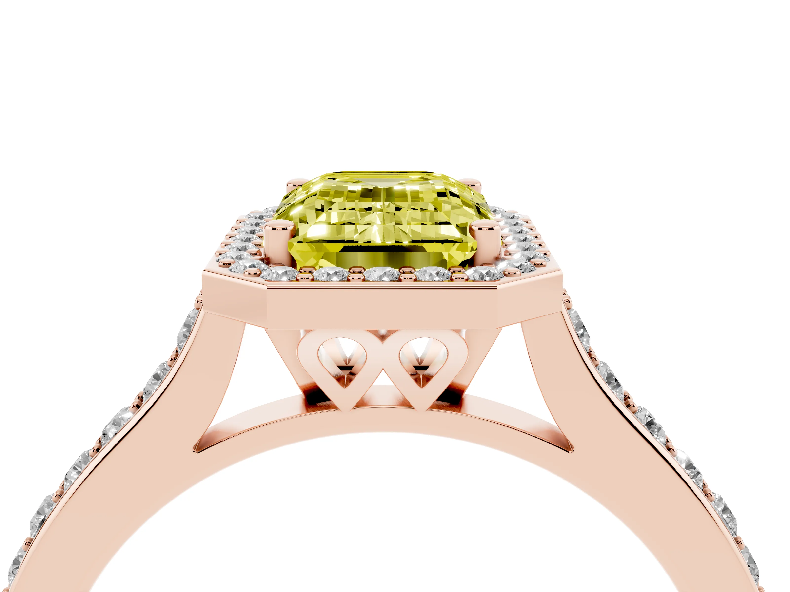 Fancy Yellow Emerald Cut Diamond Halo Engagement Ring Set in Rose gold with Round Pavé Shoulders and Heart Gallery