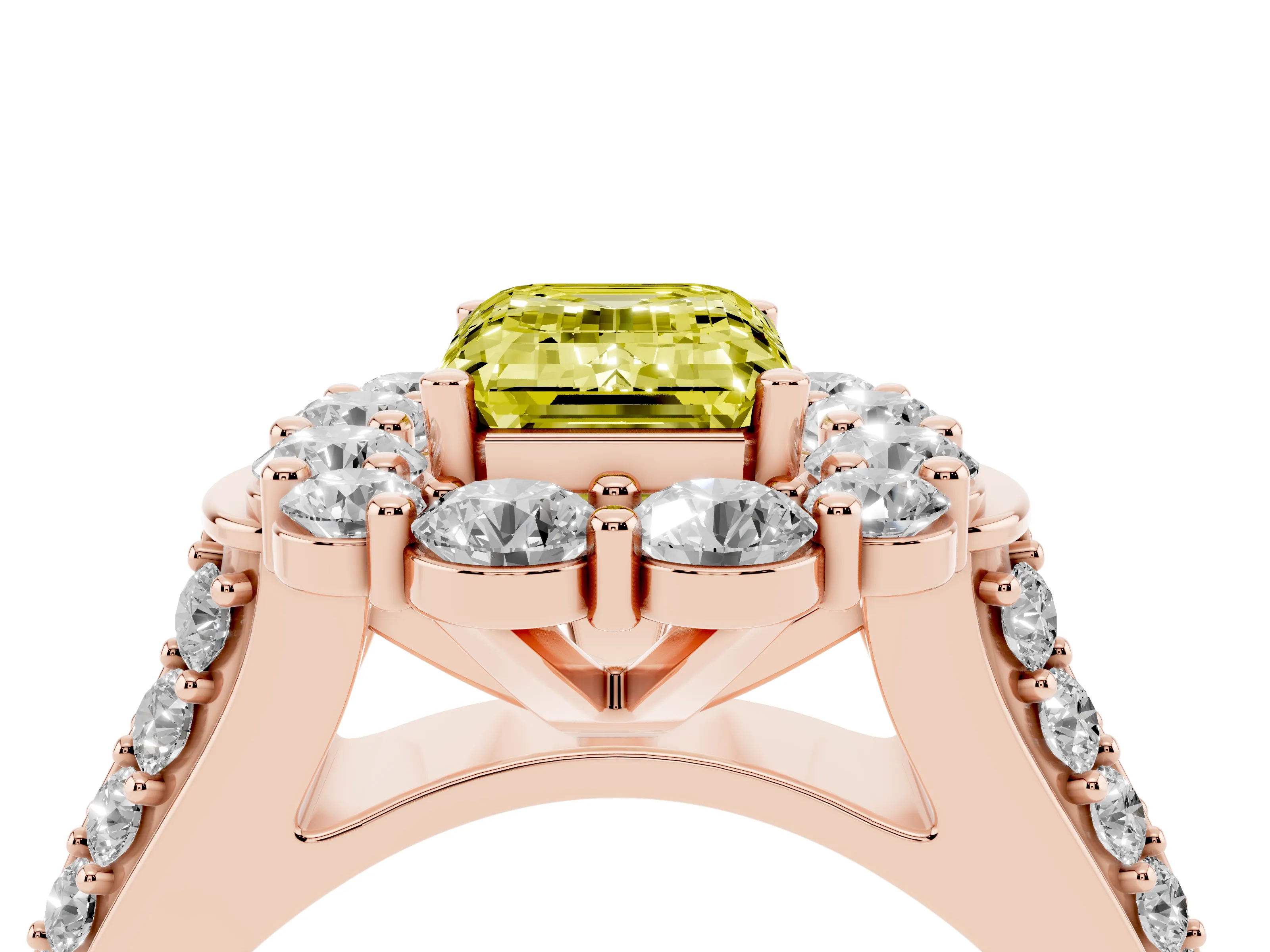 Fancy Yellow Emerald Cut Diamond Halo Engagement Ring Set in Rose gold with Split Shank and Prong Setting