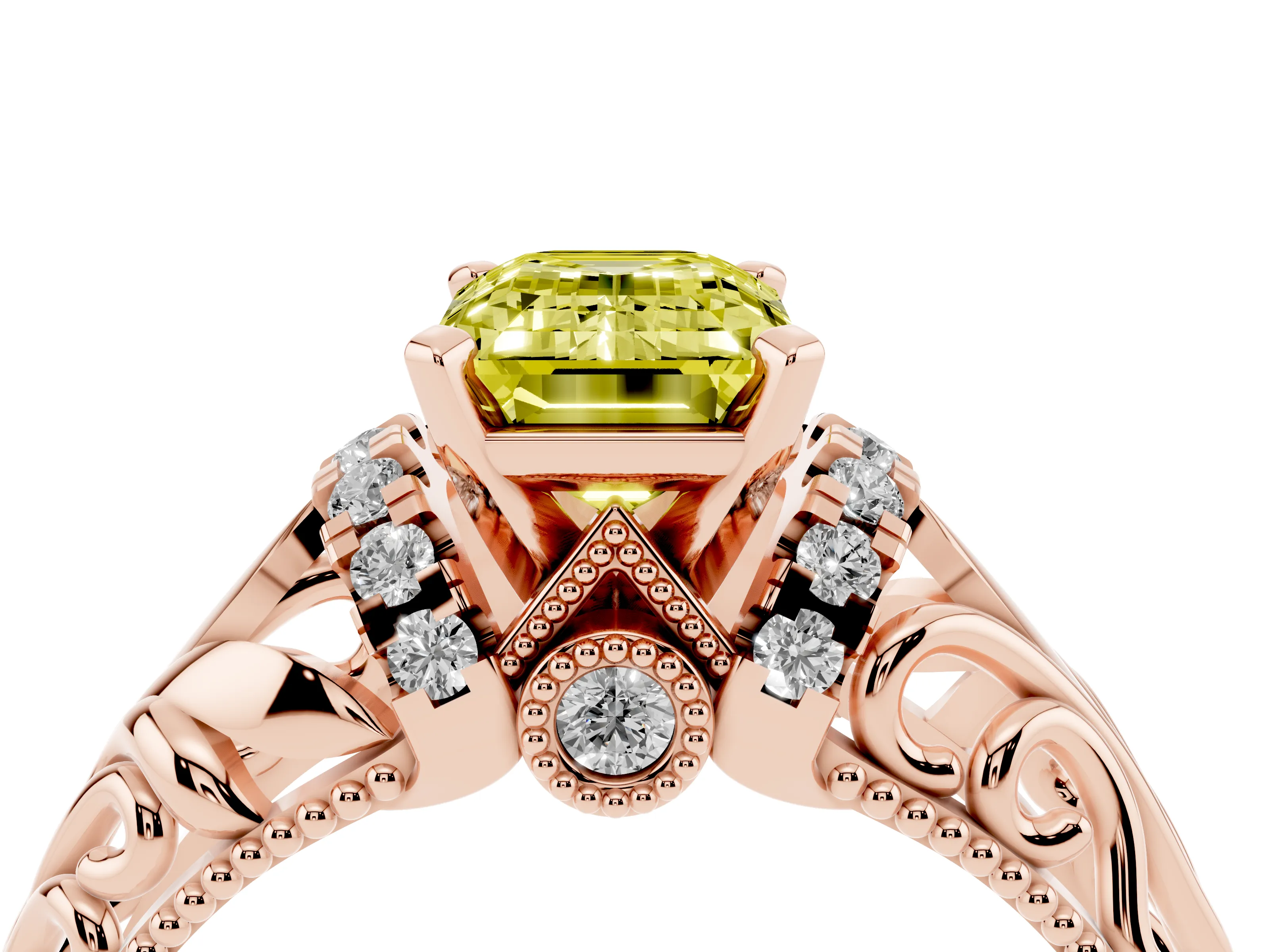 Fancy Yellow Emerald Cut Diamond Filigree Halo Engagement Ring Set in Rose gold with Prong Setting