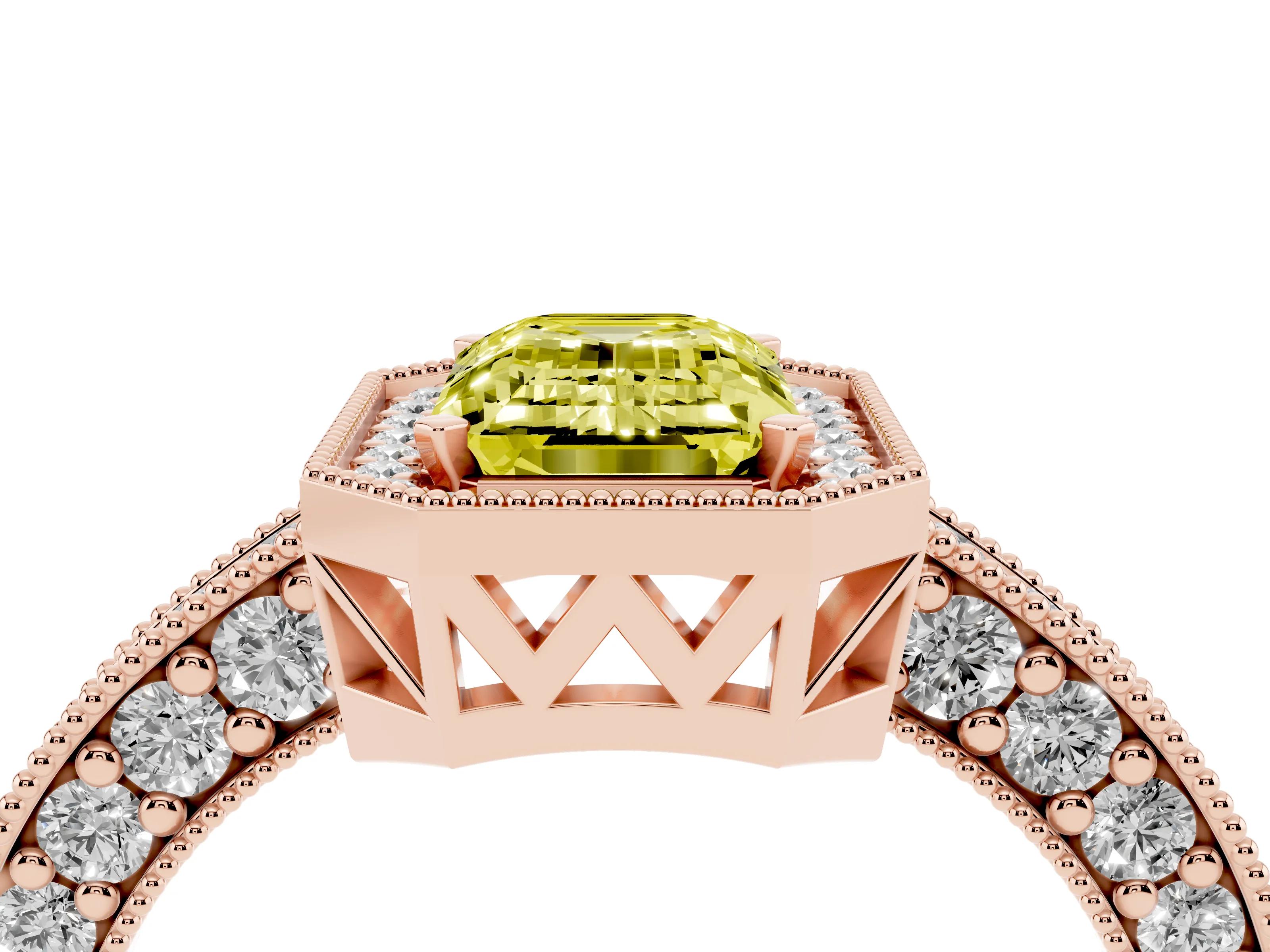 Fancy Yellow Emerald Cut Diamond Halo Pavé Band Ring Set in Rose gold with Prong-Set Center