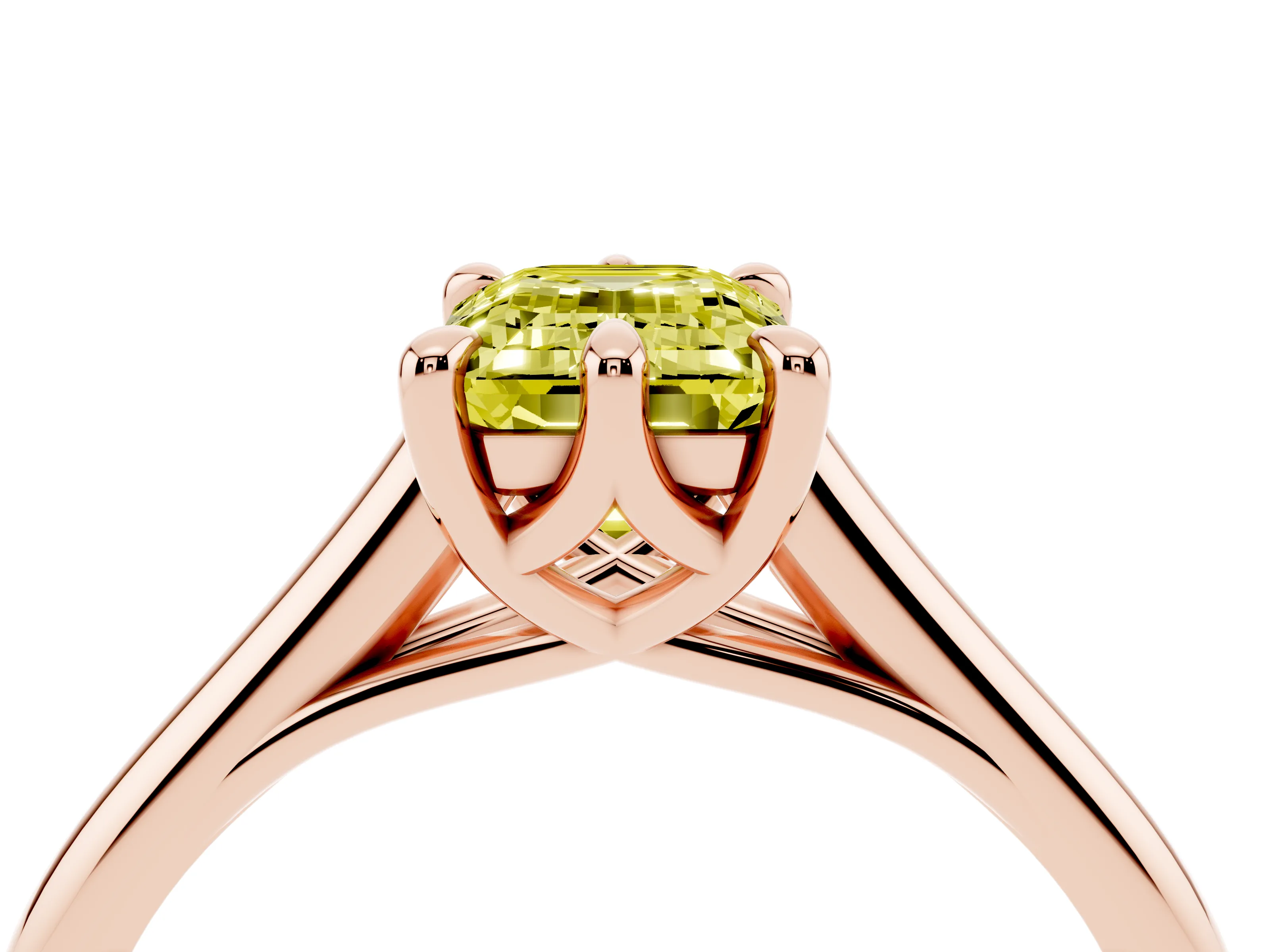 Fancy Yellow Emerald Cut Diamond Solitaire Engagement Ring Set in Rose gold with Prong Setting and Plain Classic Band