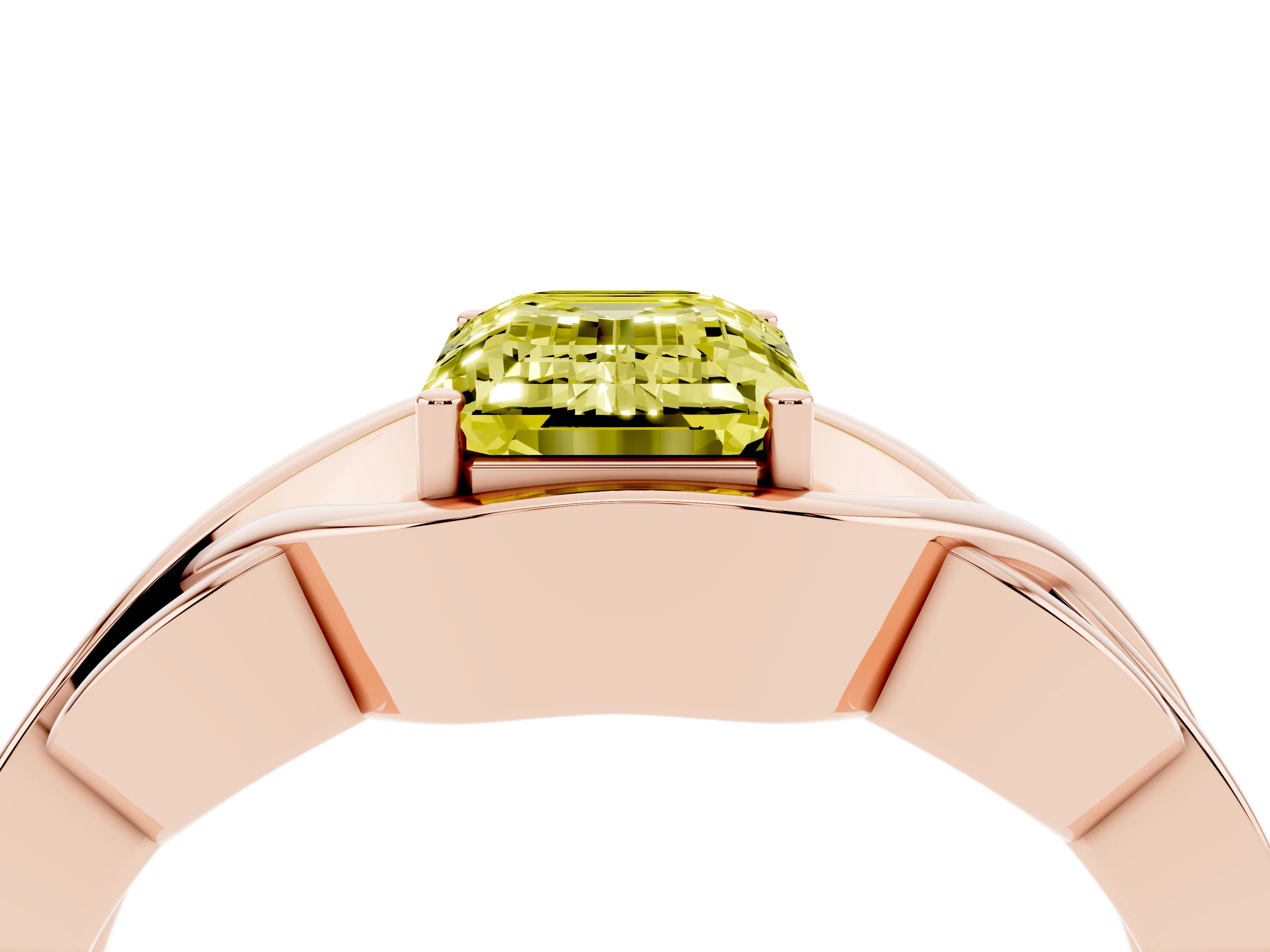 Fancy Yellow Emerald Cut Diamond Solitaire Ring Set in Rose gold with Intertwined Band