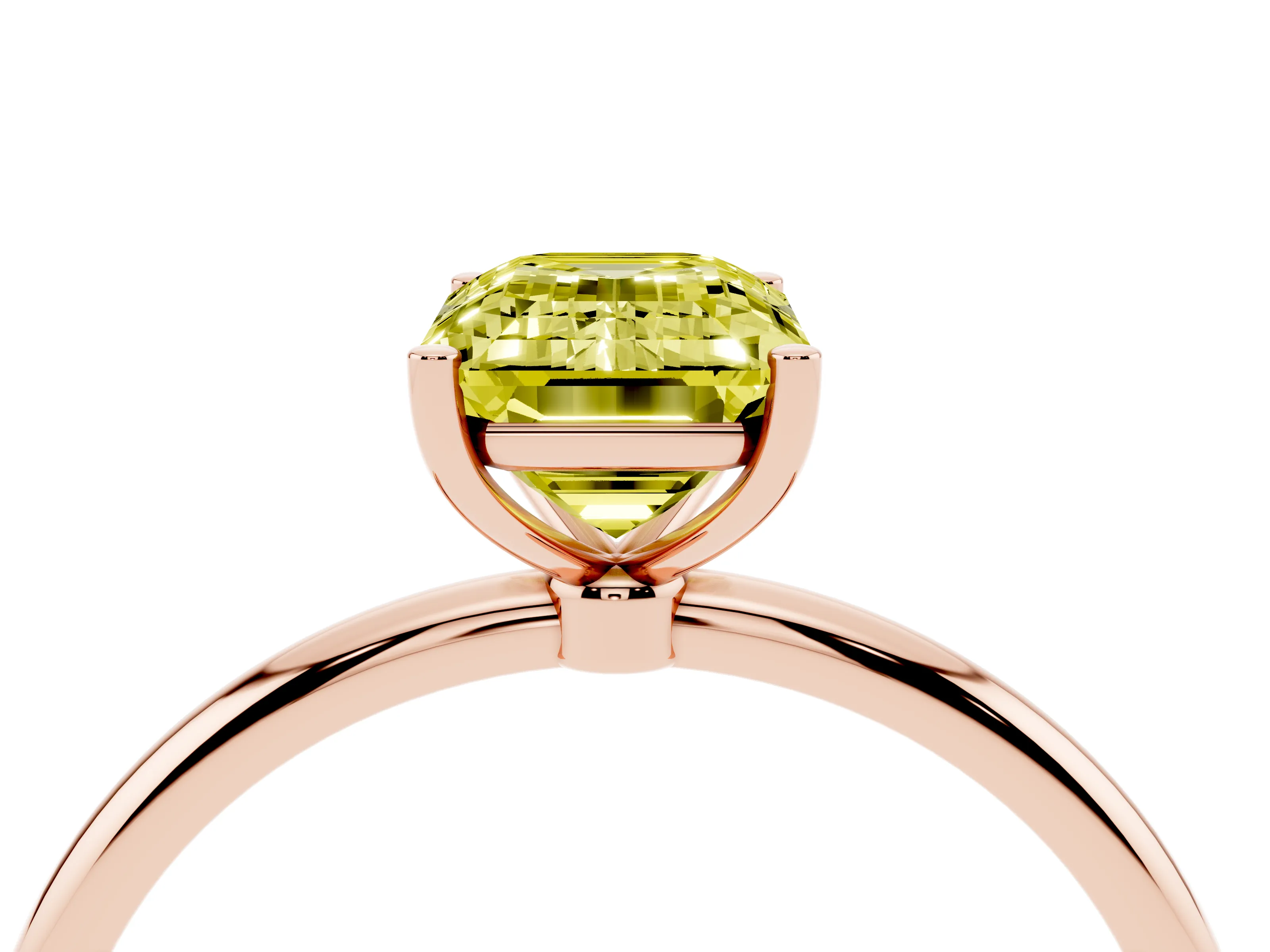 Fancy Yellow Emerald Cut Diamond Solitaire Engagement Ring Set in Rose gold with Thin Band and Prong Setting