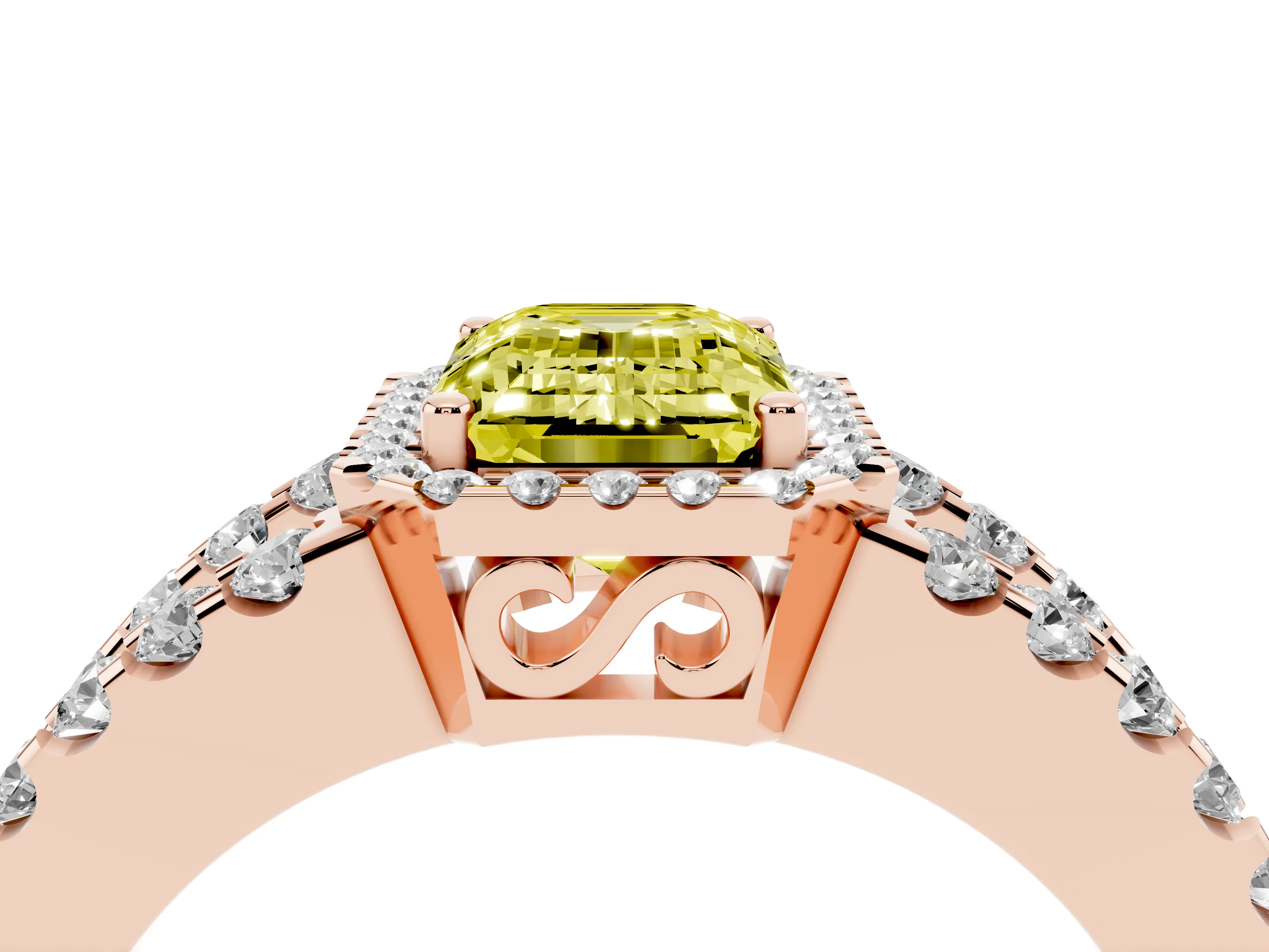 Fancy Yellow Emerald Cut Diamond Halo Ring Set in Rose gold with Pavé Split Shank and Prong Setting