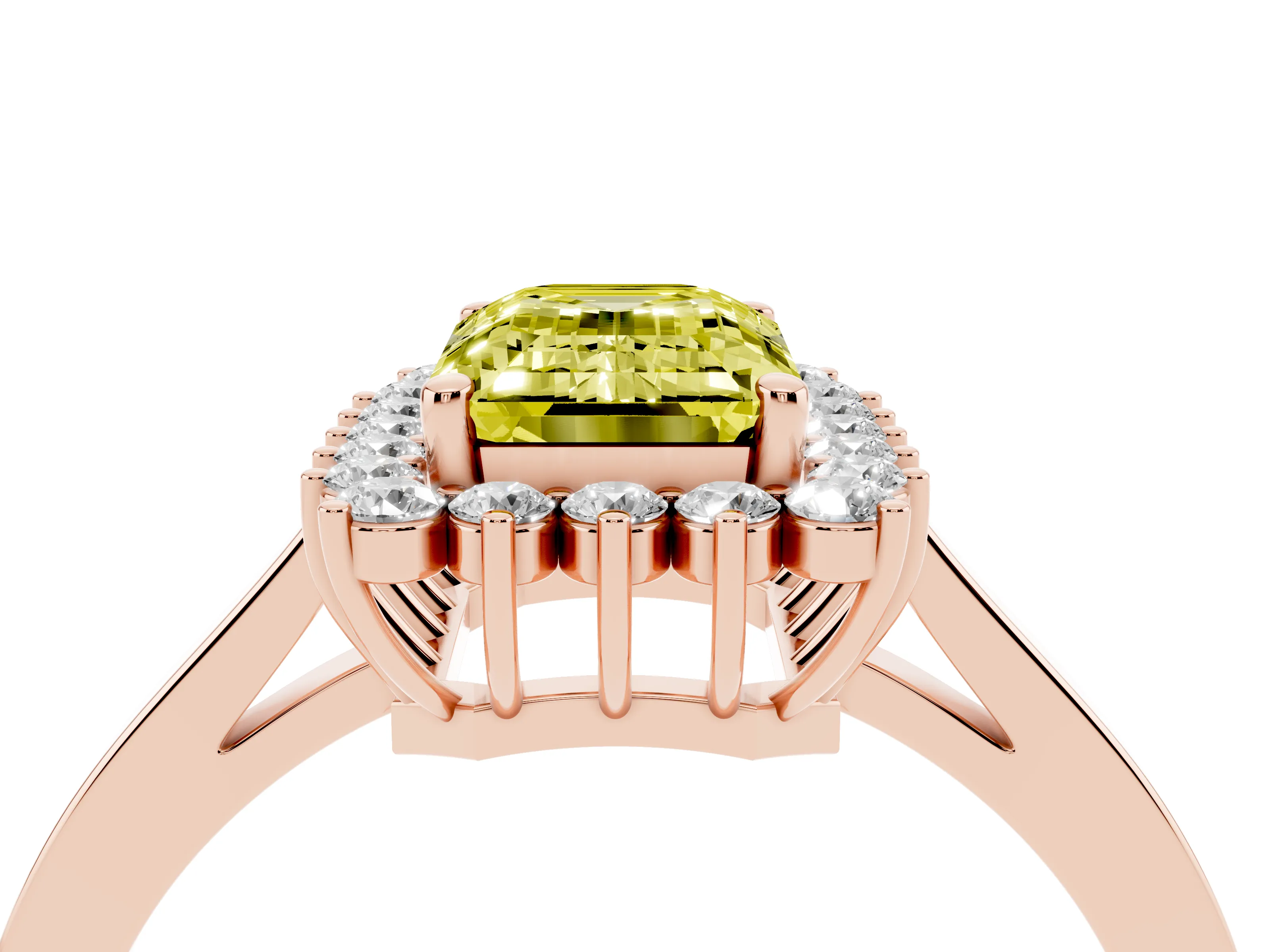 Fancy Yellow Emerald Cut Diamond Halo Ring Set in Rose gold with Round Halo and Smooth Solitaire Band