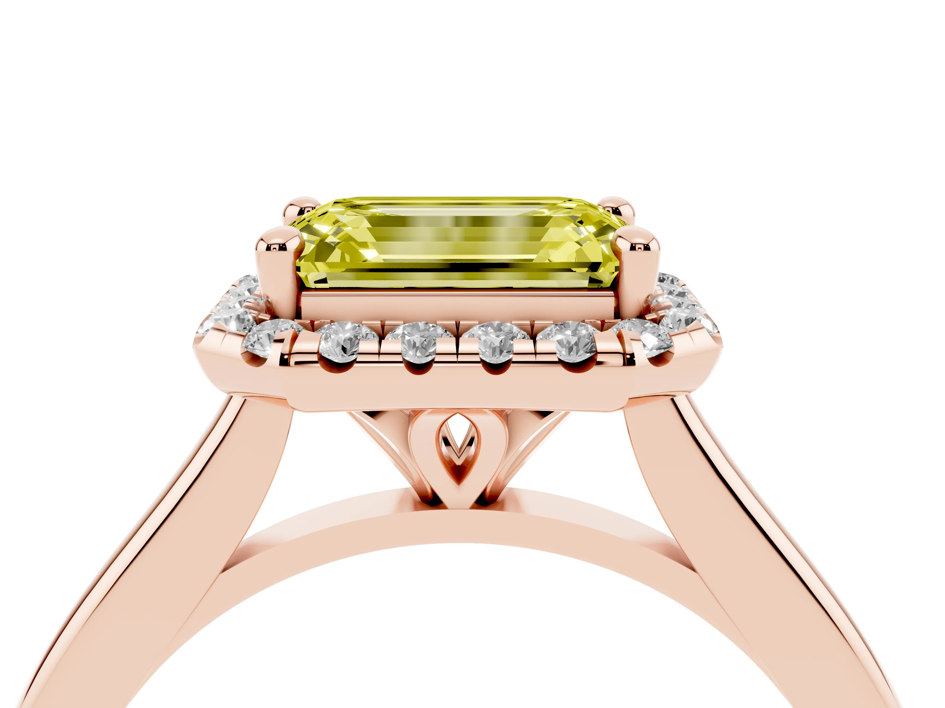 Fancy Yellow Emerald Cut Diamond Halo Engagement Ring Set in Rose gold with Pavé Band and Rising Shoulders