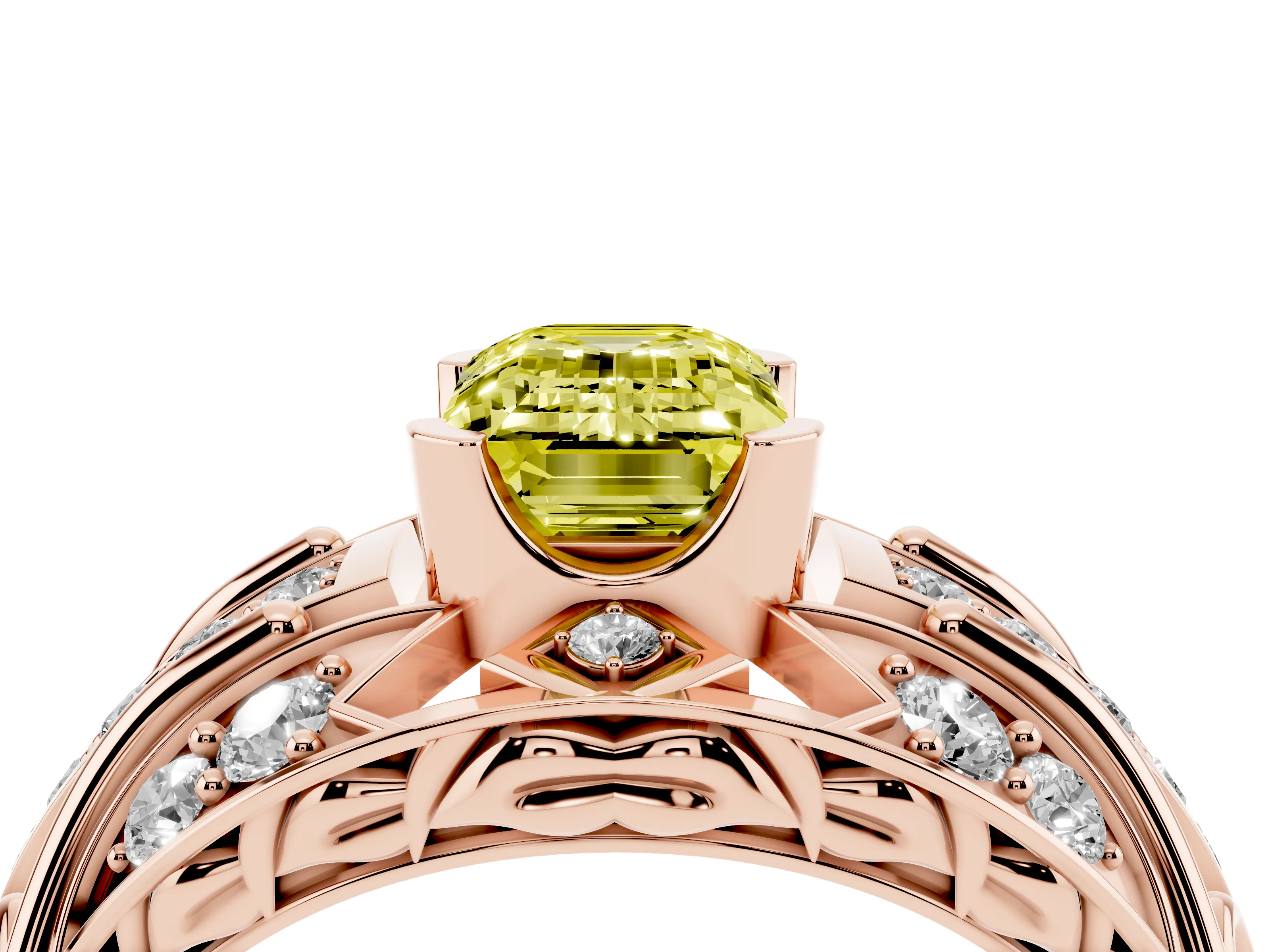 Fancy Yellow Emerald Cut Diamond Art Deco Ring Set in Rose gold with Pavé Split Shank