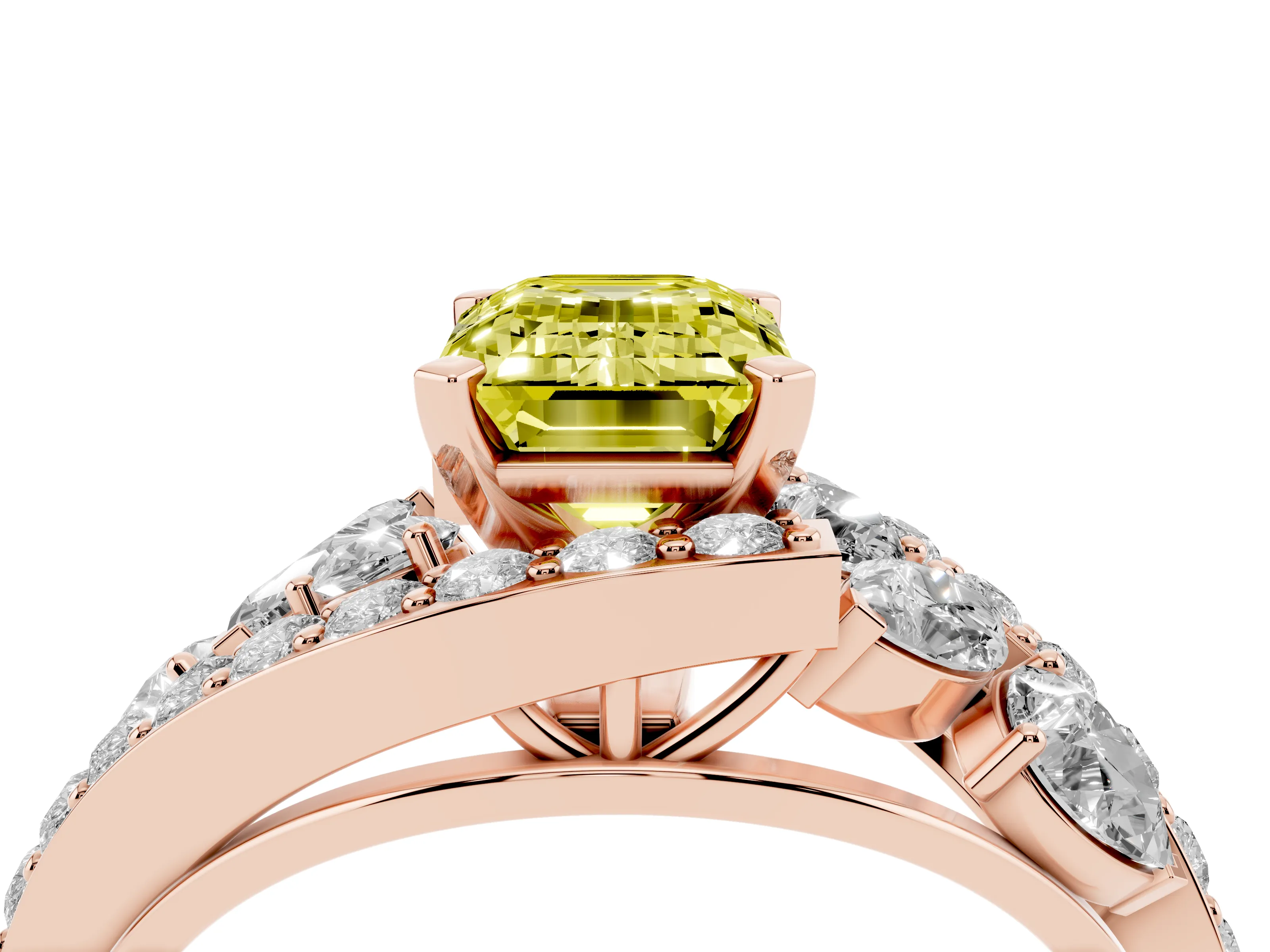 Fancy Yellow Emerald Cut Diamond Halo Ring Set in Rose gold with Marquise and Pavé Band in Prong Setting