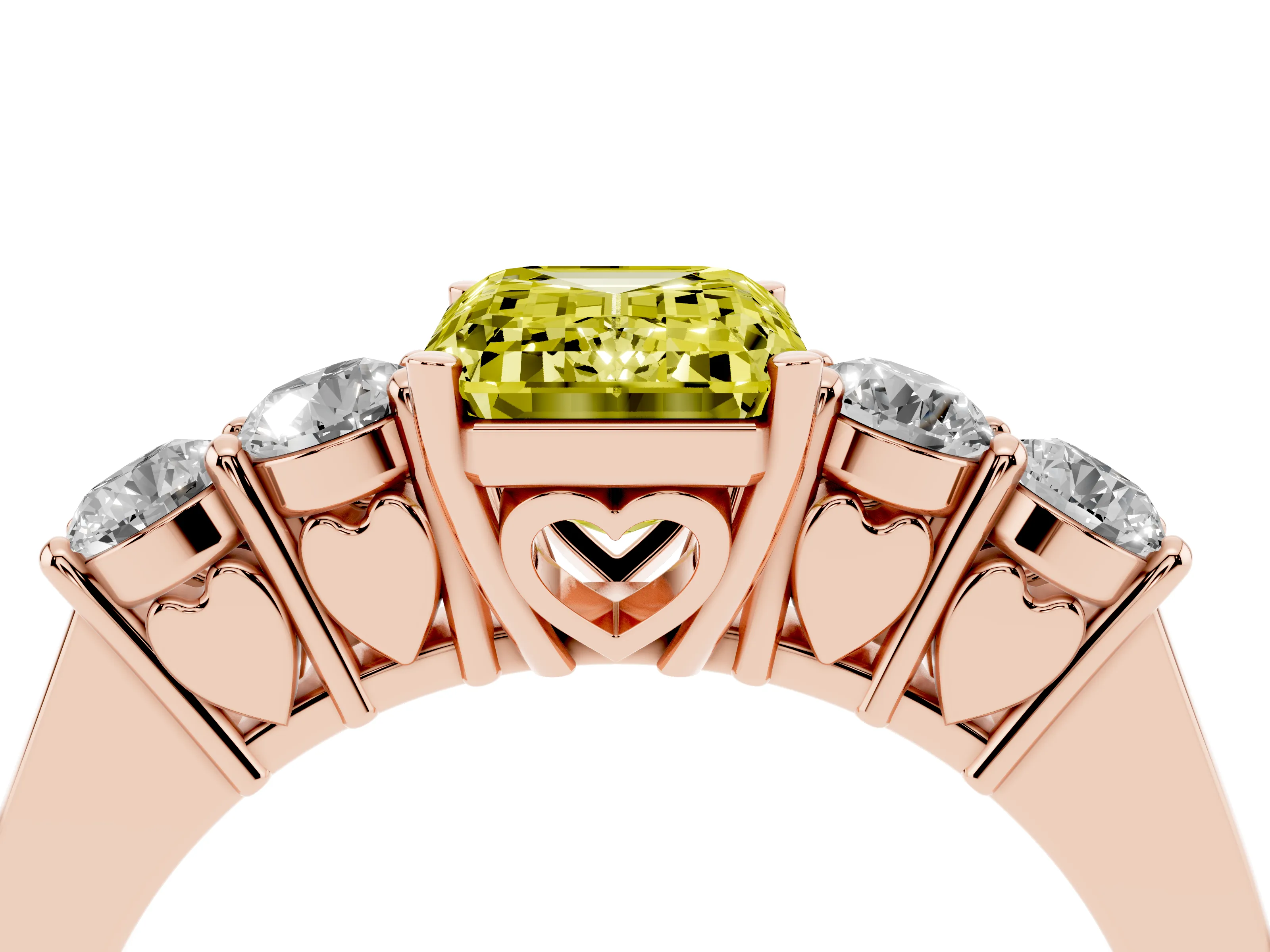Fancy Yellow Emerald Cut Diamond Five-Stone Prong Set Band Ring Set in Rose gold with Polished Band