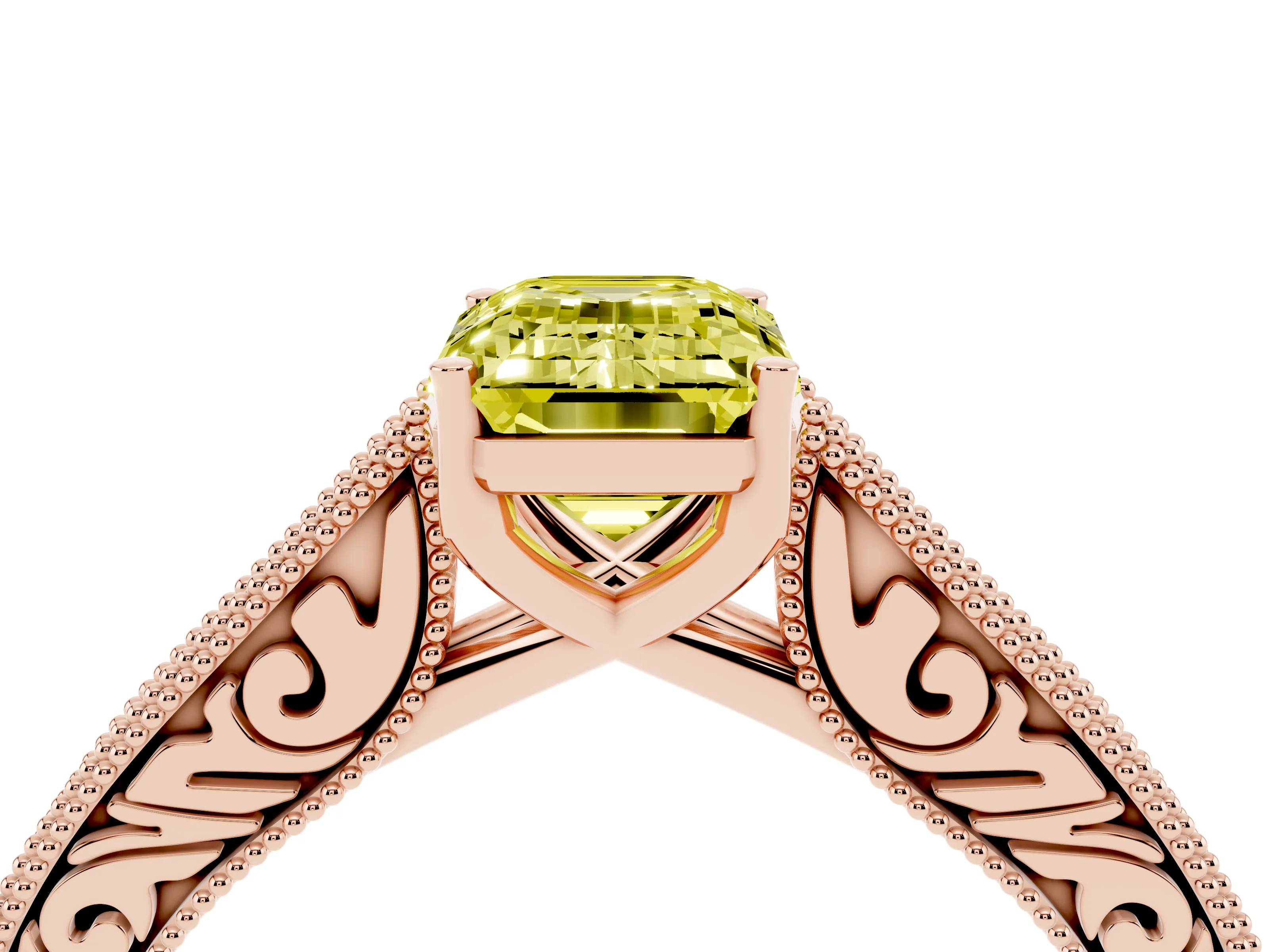 Fancy Yellow Emerald Cut Diamond Milgrain Pavé Band Solitaire Ring Set in Rose gold with Prong Setting