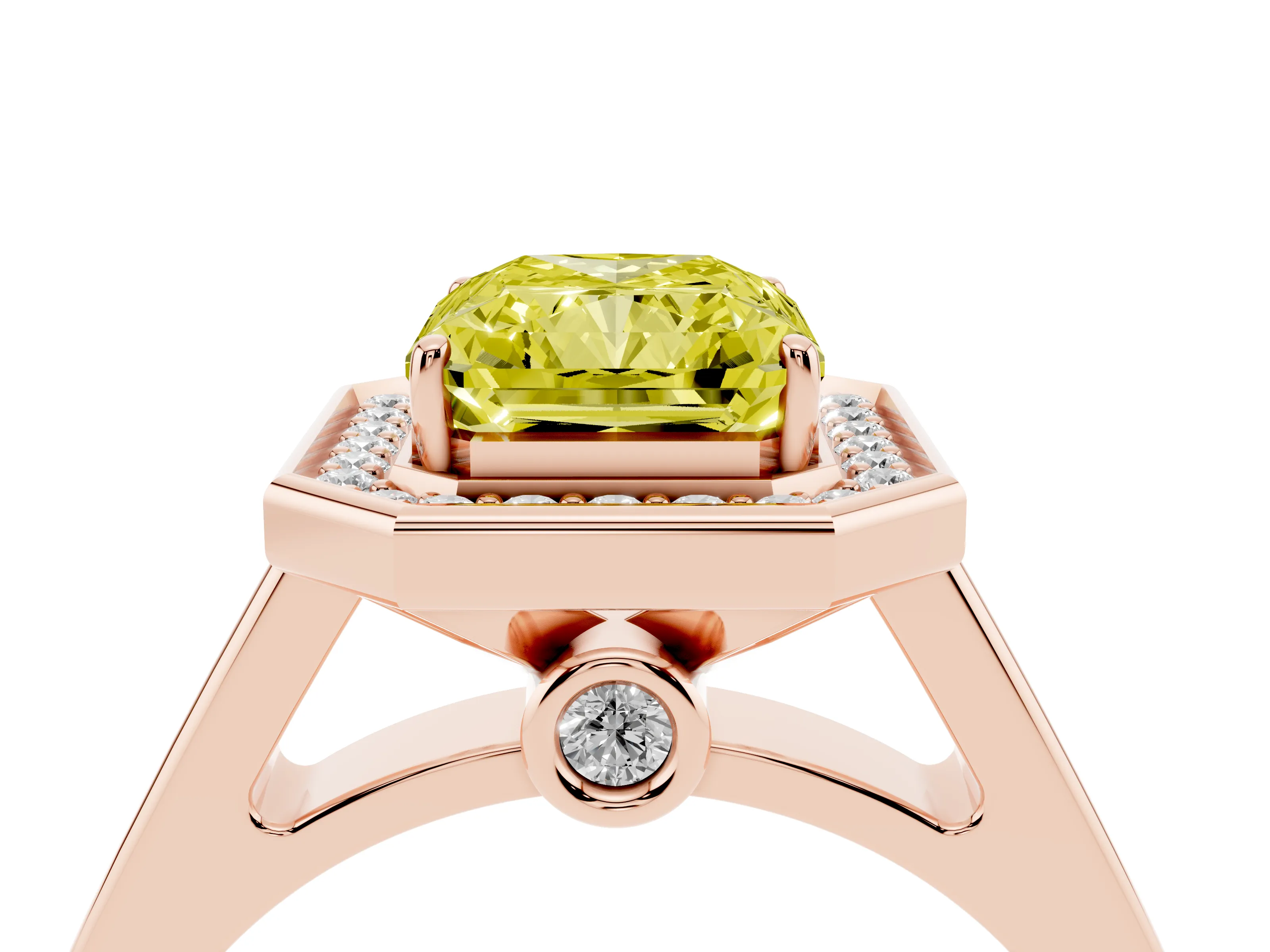 Fancy Yellow Emerald Cut Diamond Halo Solitaire Ring Set in Rose gold with Pavé Band and Bezel Setting