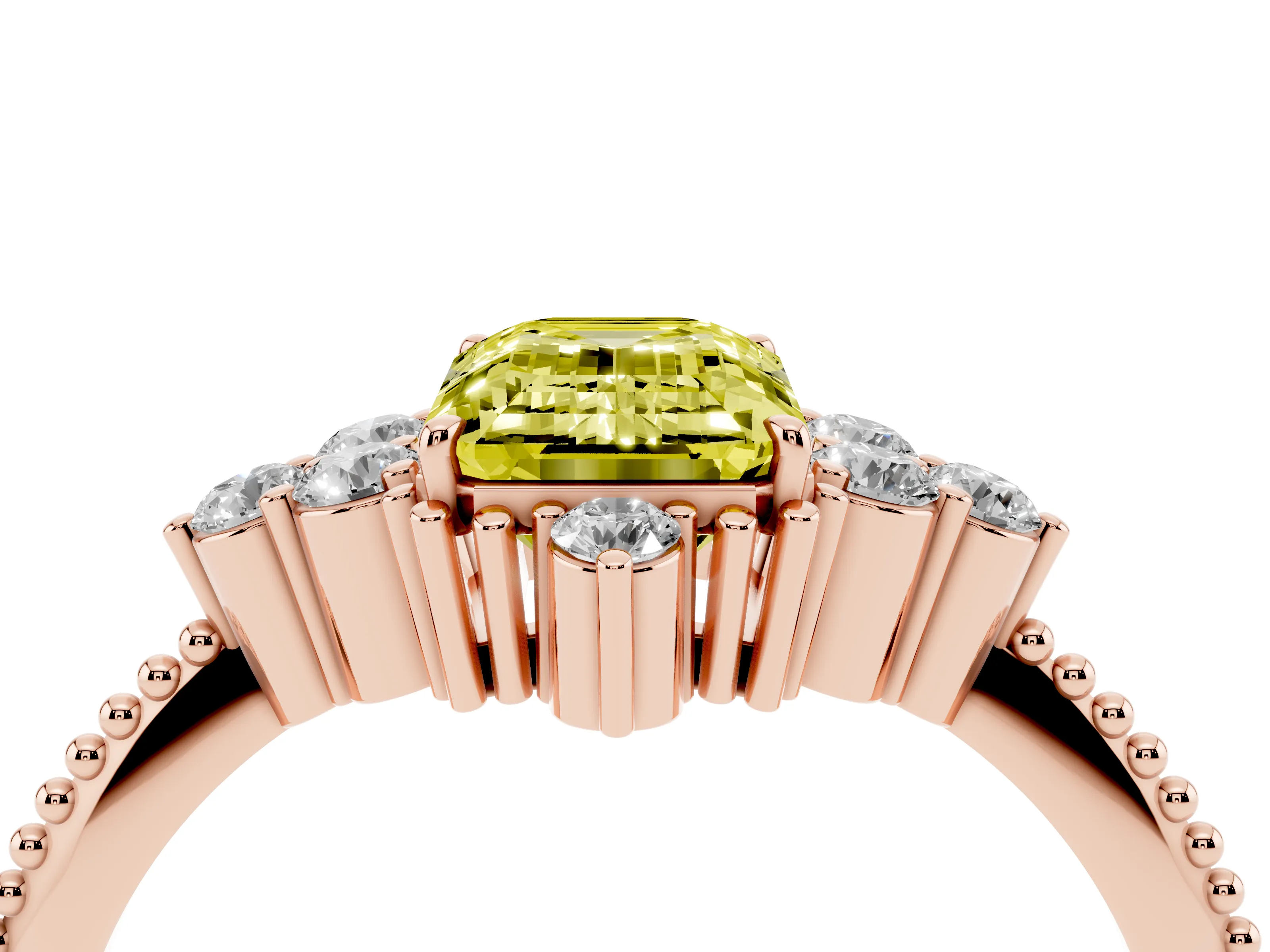 Fancy Yellow Emerald Cut Diamond Cluster Ring Set in Rose gold with Beaded Band