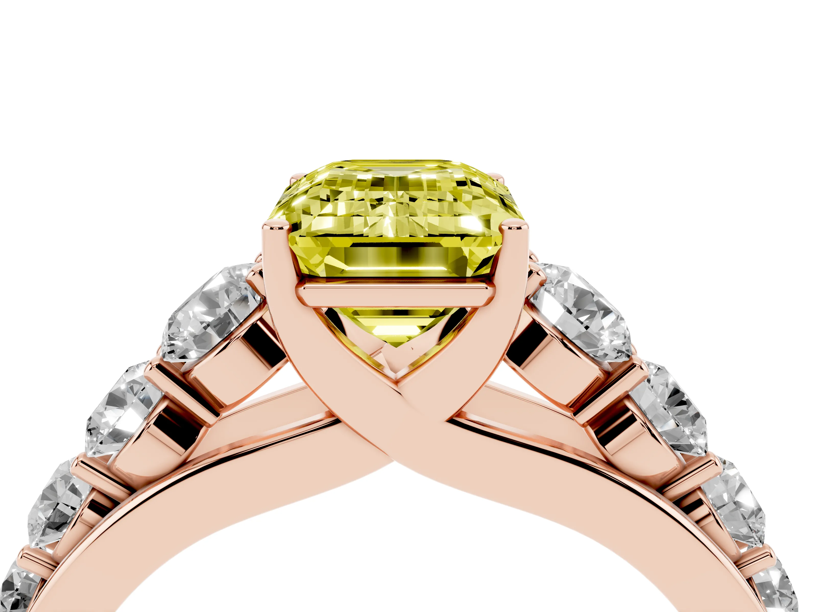 Fancy Yellow Emerald Cut Diamond Solitaire Ring Set in Rose gold with Pavé-Set Band and Prong Setting