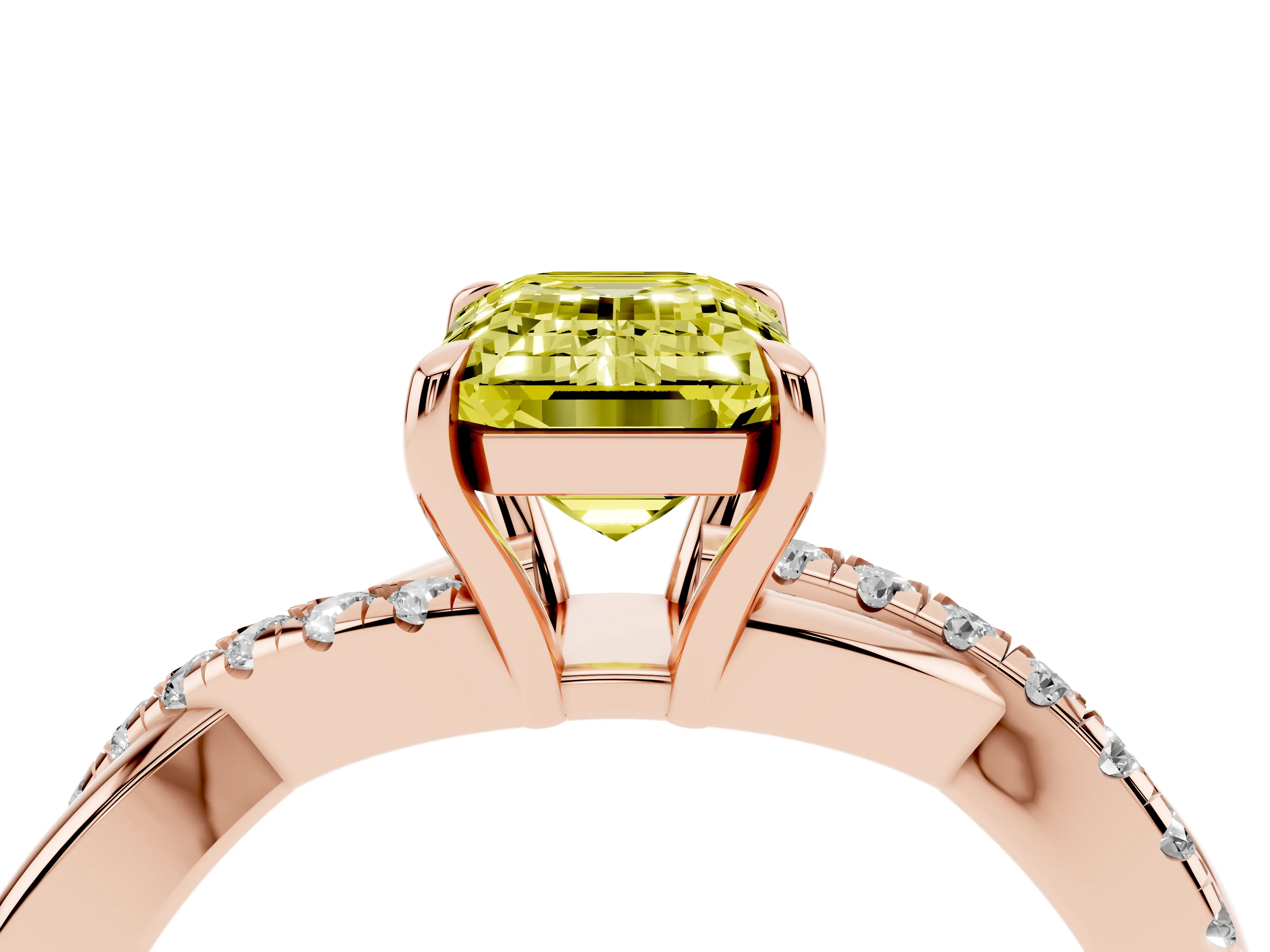 Fancy Yellow Emerald Cut Diamond Twisted Pavé Band Ring Set in Rose gold with Prong Setting