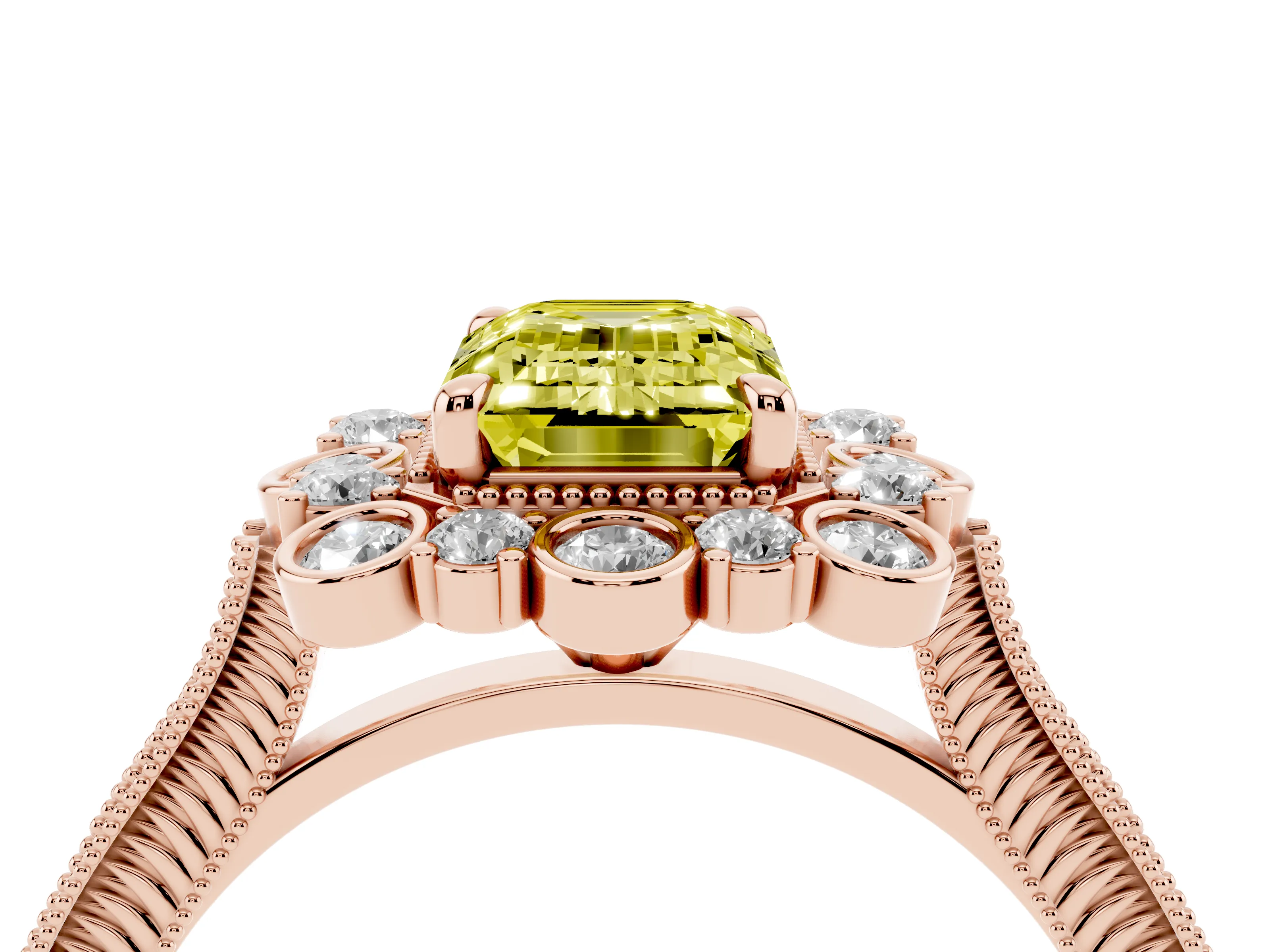 Fancy Yellow Emerald Cut Diamond Halo Milgrain Pavé Ring Set in Rose gold with Prong Setting