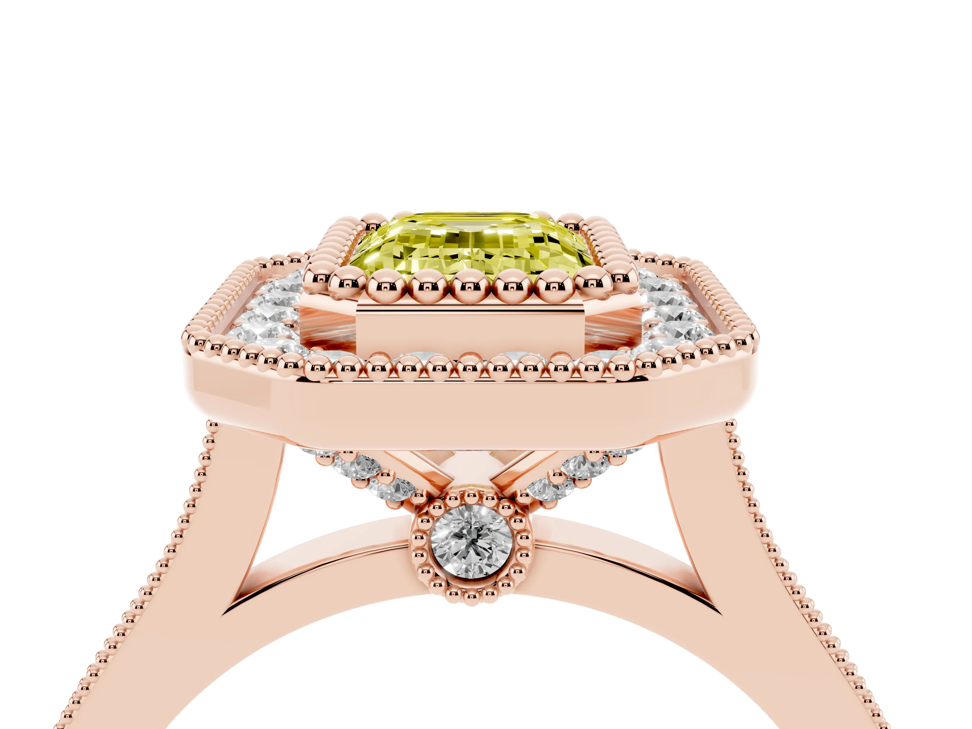 Fancy Yellow Emerald Cut Diamond Halo Ring Set in Rose gold with Milgrain Frame and Pavé Band