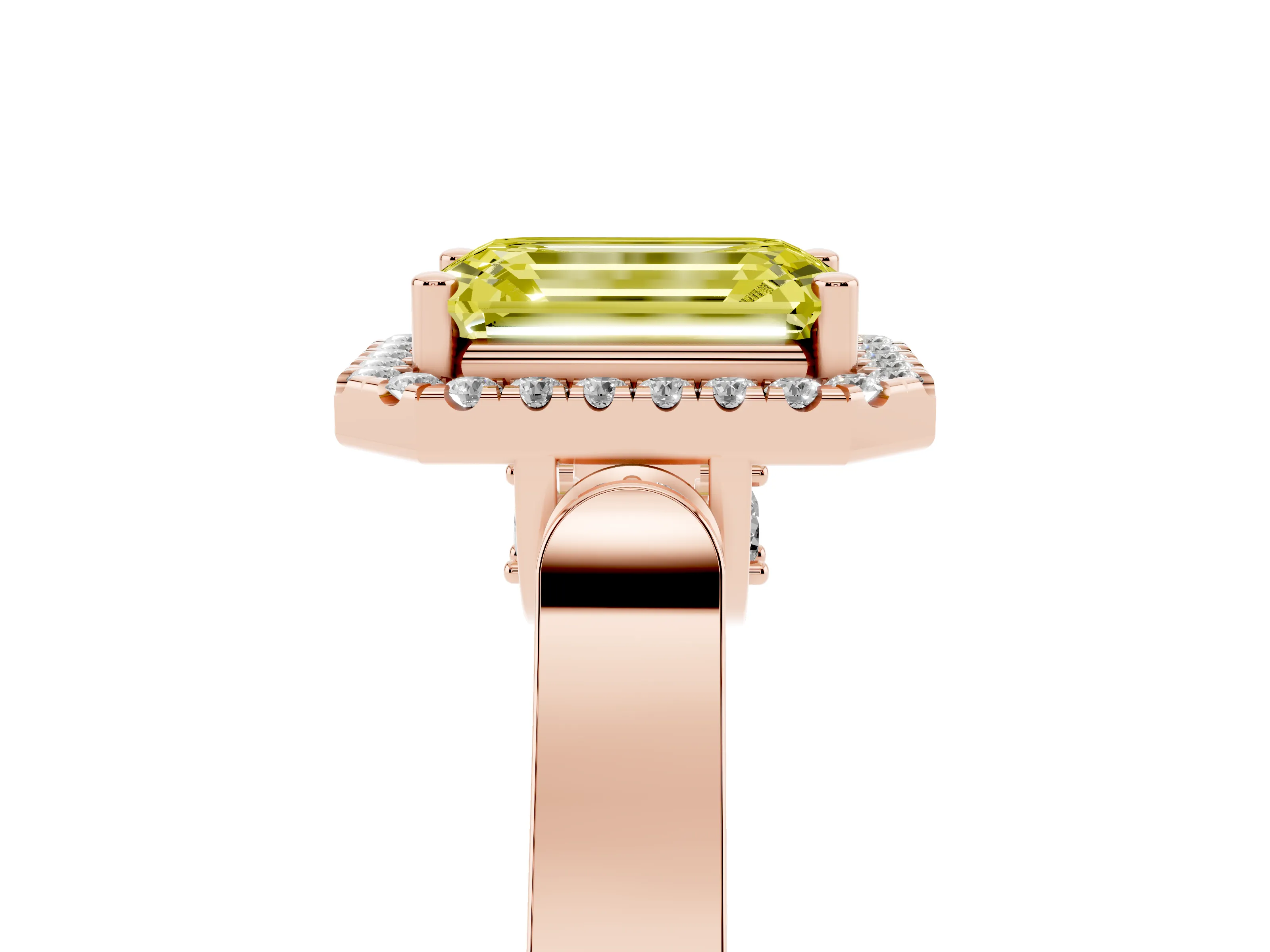 Fancy Yellow Emerald Cut Diamond Halo Ring Set in Rose gold with Pavé-Lined Split Shank Band