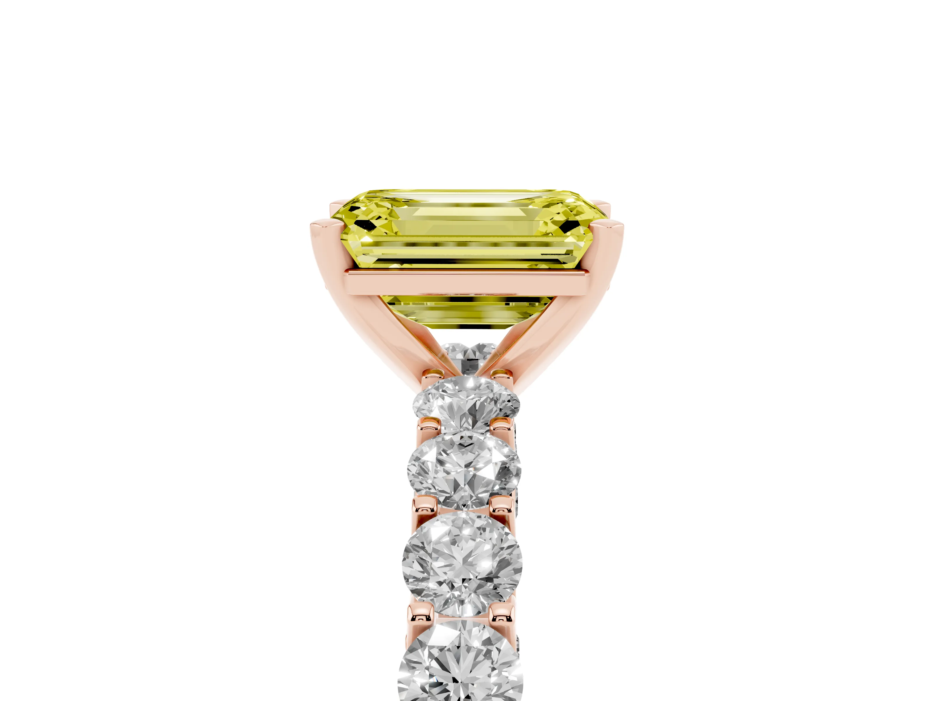 Fancy Yellow Emerald Cut Diamond Solitaire Ring Set in Rose gold with Shared Prong Pavé Band