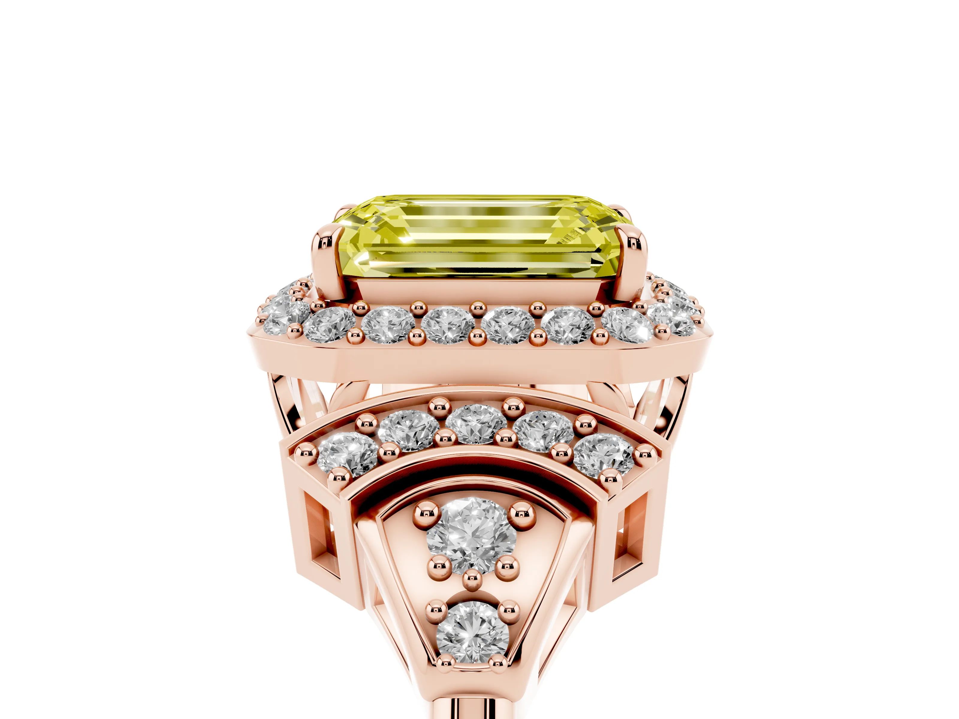 Fancy Yellow Emerald Cut Diamond Halo Engagement Ring Set in Rose gold with Accent Stone Split Shank
