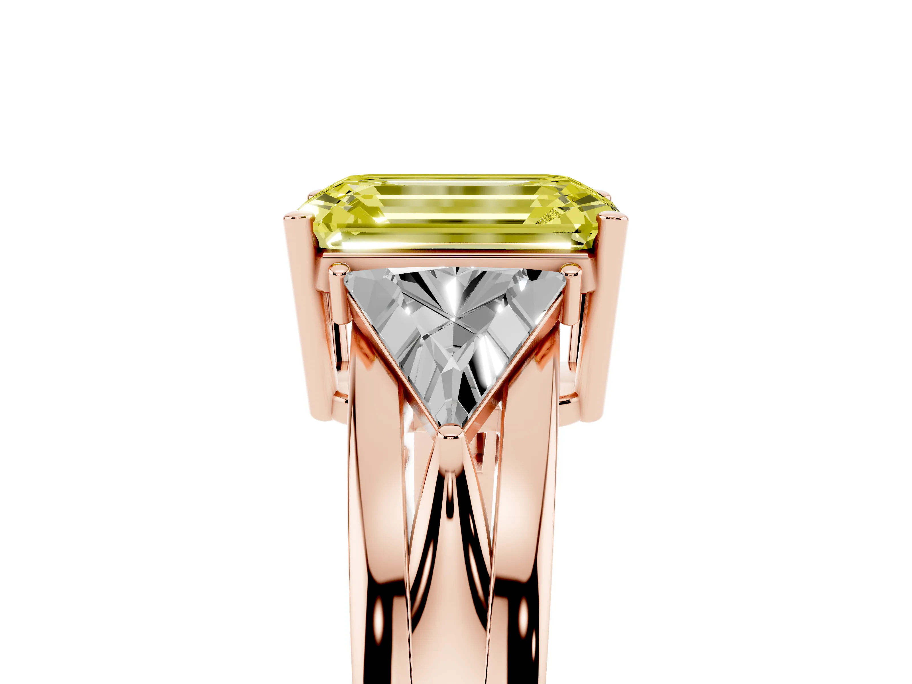 Fancy Yellow Emerald Cut Diamond Three-Stone Ring Set in Rose gold with Trillion Side Stones and Split Shank