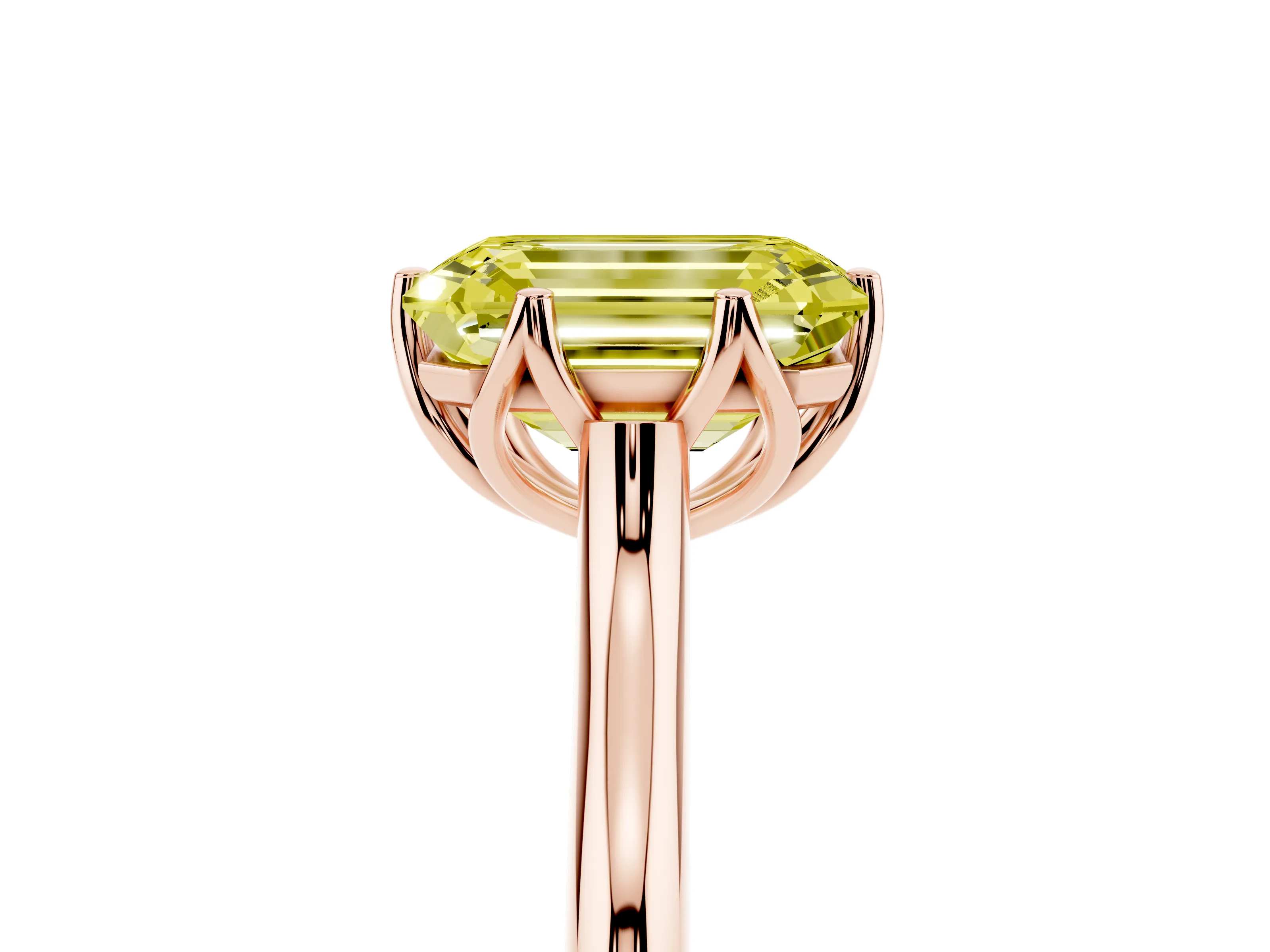 Fancy Yellow Emerald Cut Diamond Solitaire Cathedral Ring Set in Rose gold with Prong Setting