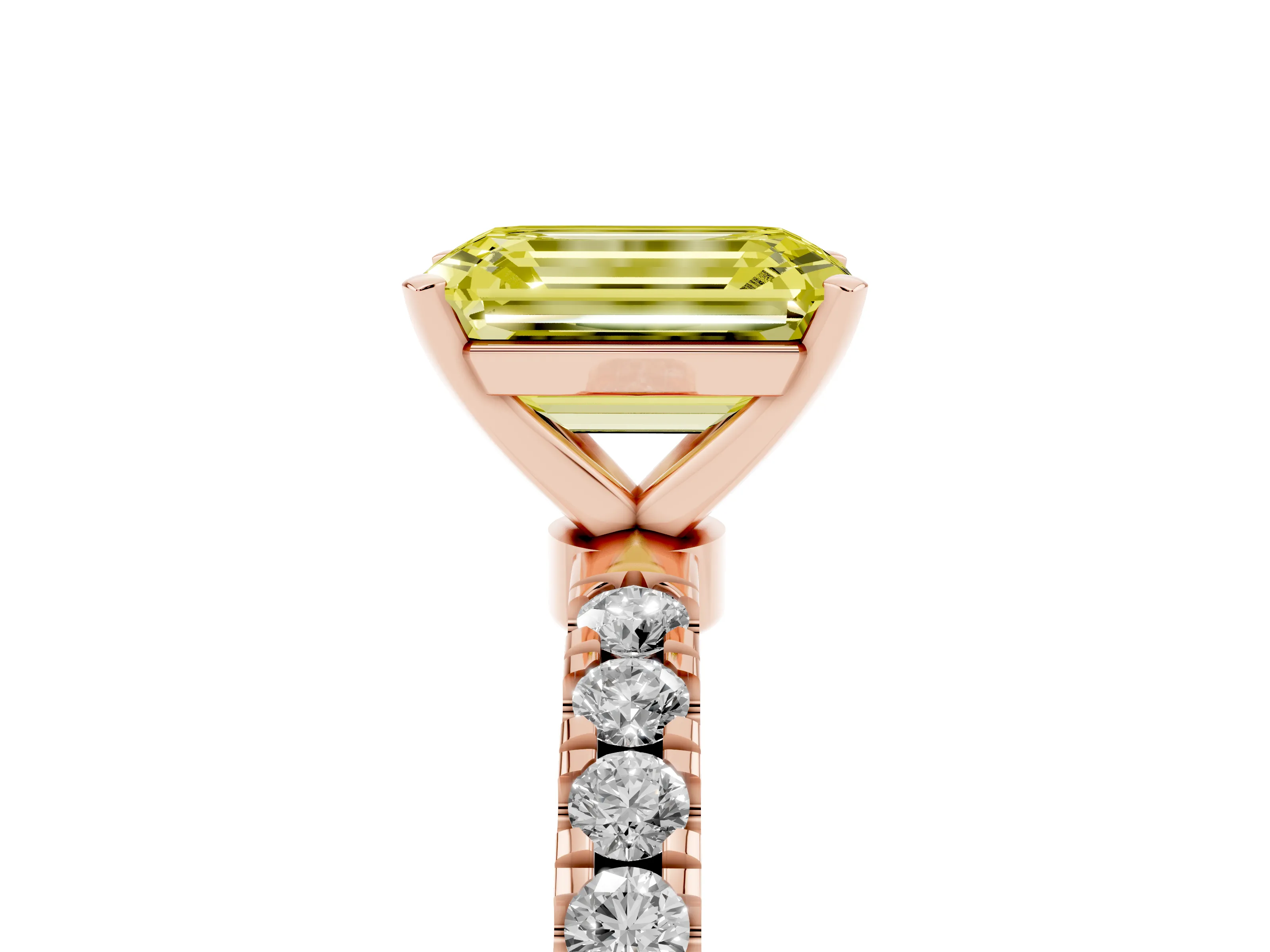 Fancy Yellow Emerald Cut Diamond Solitaire Ring Set in Rose gold with Pavé Accents and Prong Setting