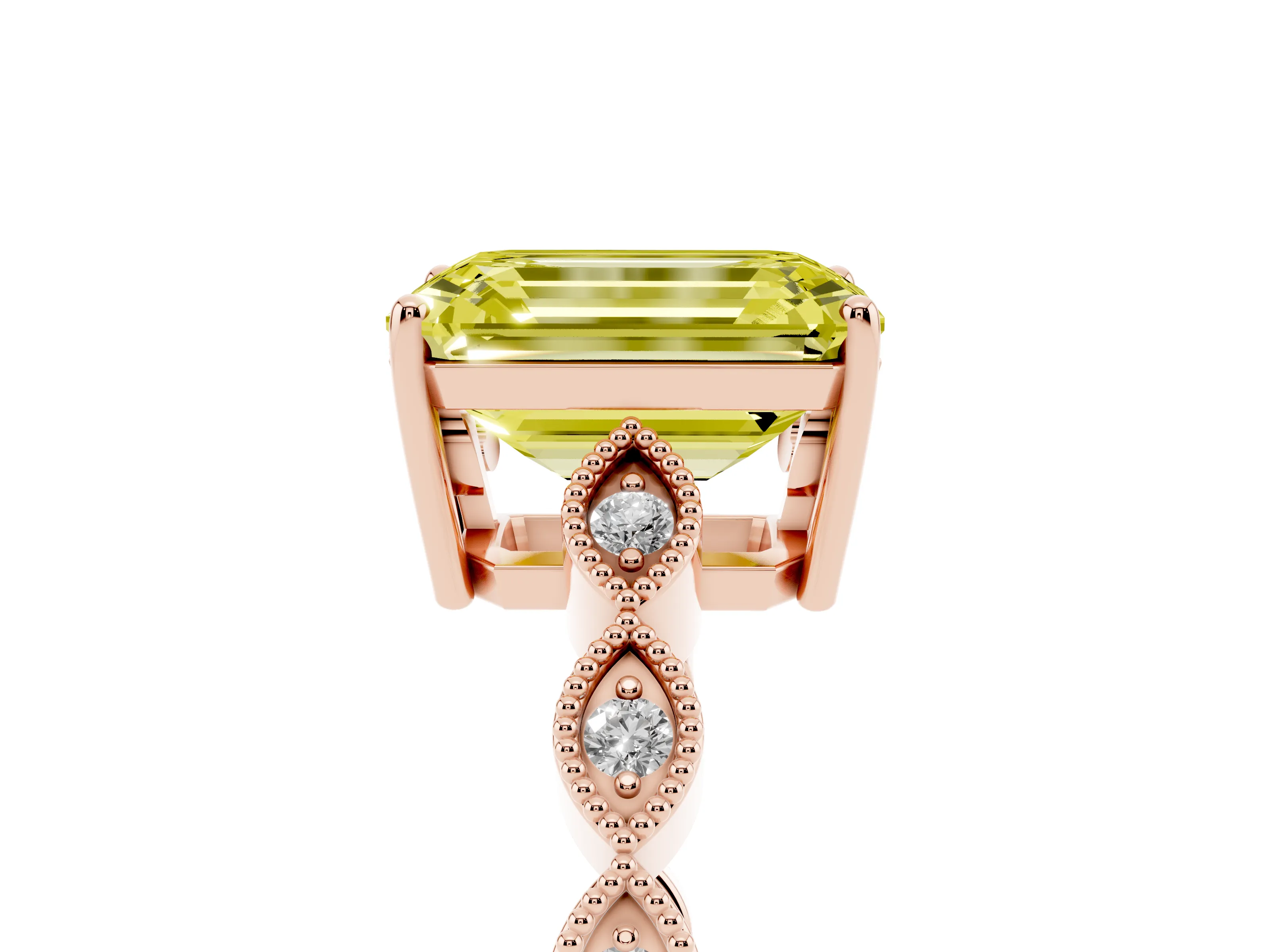 Fancy Yellow Emerald Cut Diamond Solitaire Ring Set in Rose gold with Infinity Twist Pavé Band