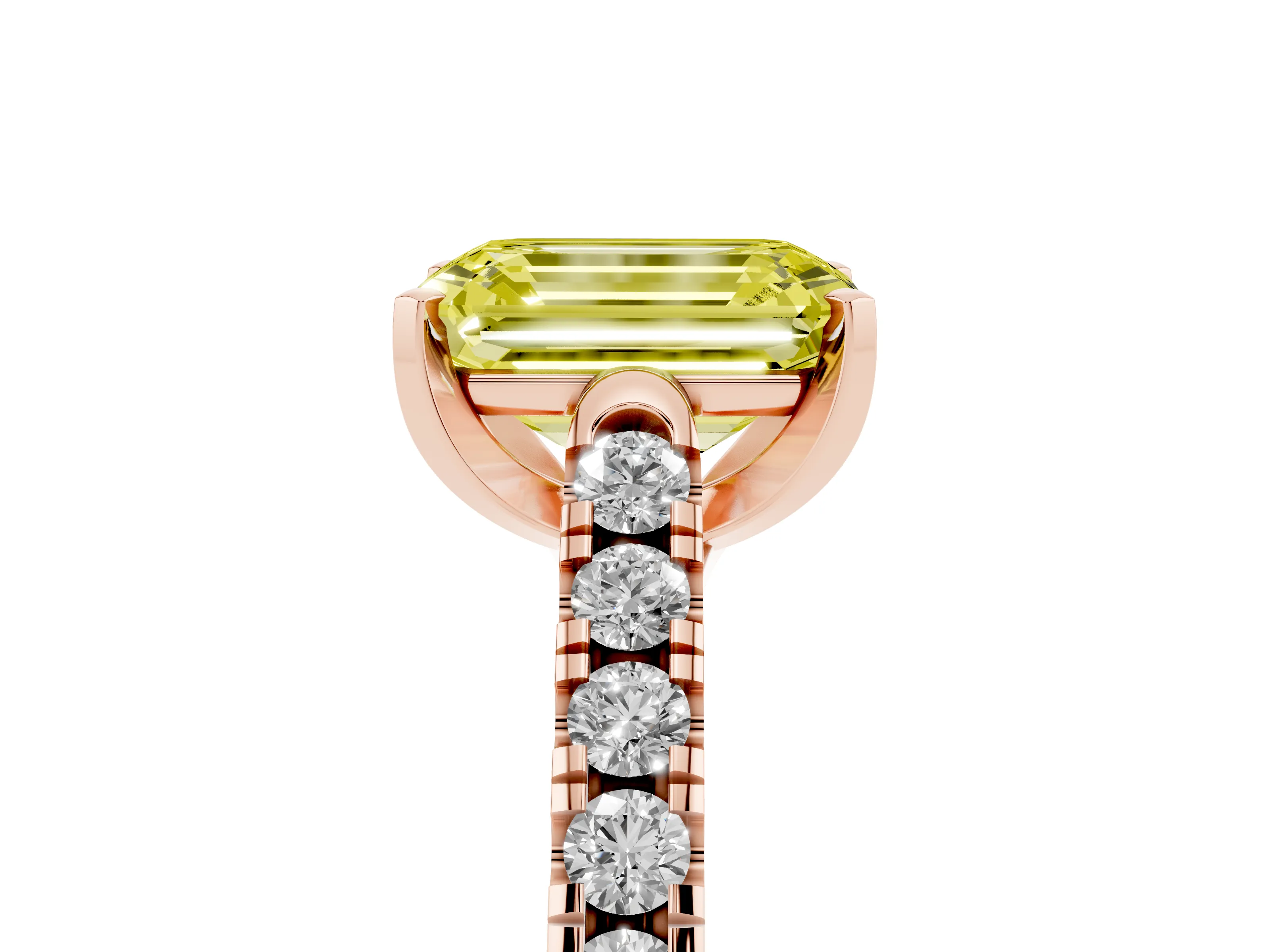 Fancy Yellow Emerald Cut Diamond Pavé Band Solitaire Ring Set in Rose gold with Partway Accent Stones and Prong Setting