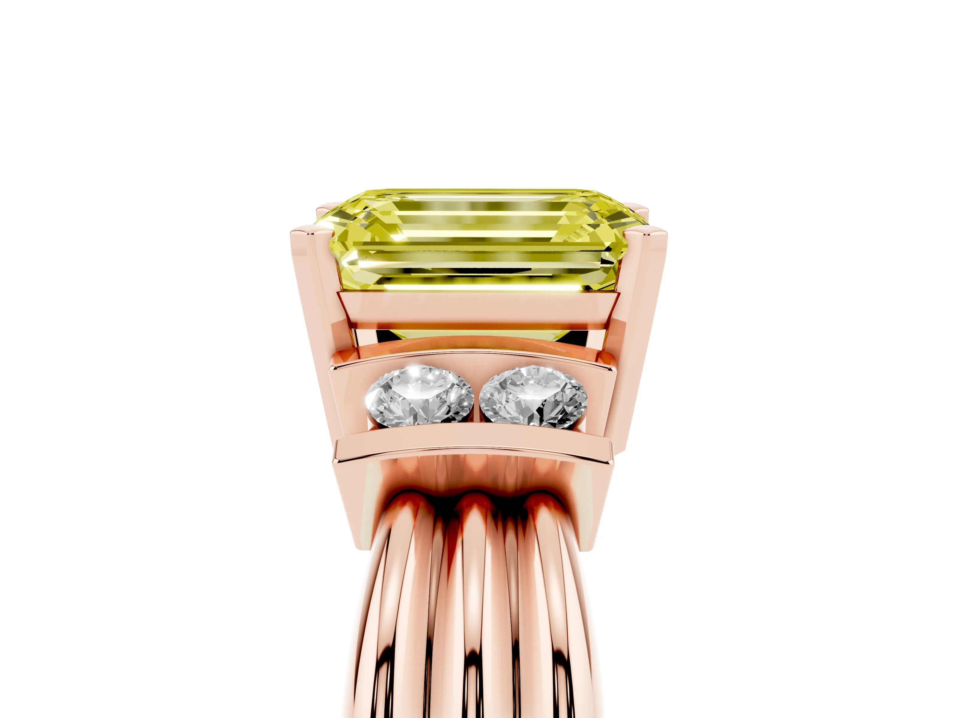 Fancy Yellow Three-Stone Emerald Cut Diamond Channel Set Ring Set in Rose gold with Bar Prongs
