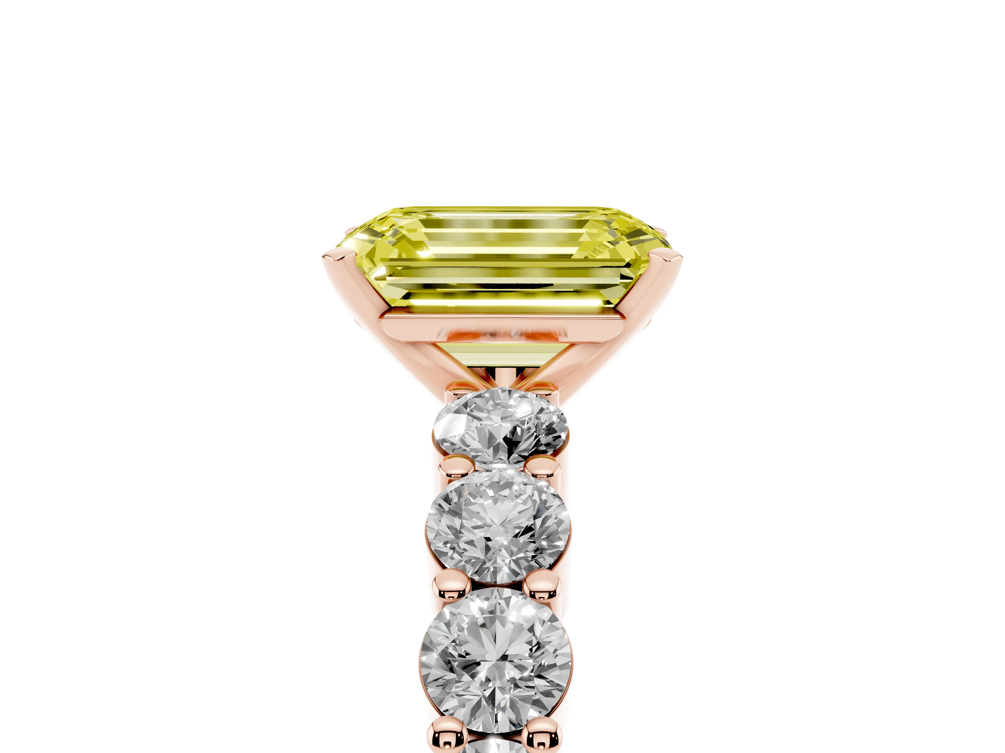 Fancy Yellow Emerald Cut Diamond Solitaire Ring Set in Rose gold with Shared Prong Round Side Stones