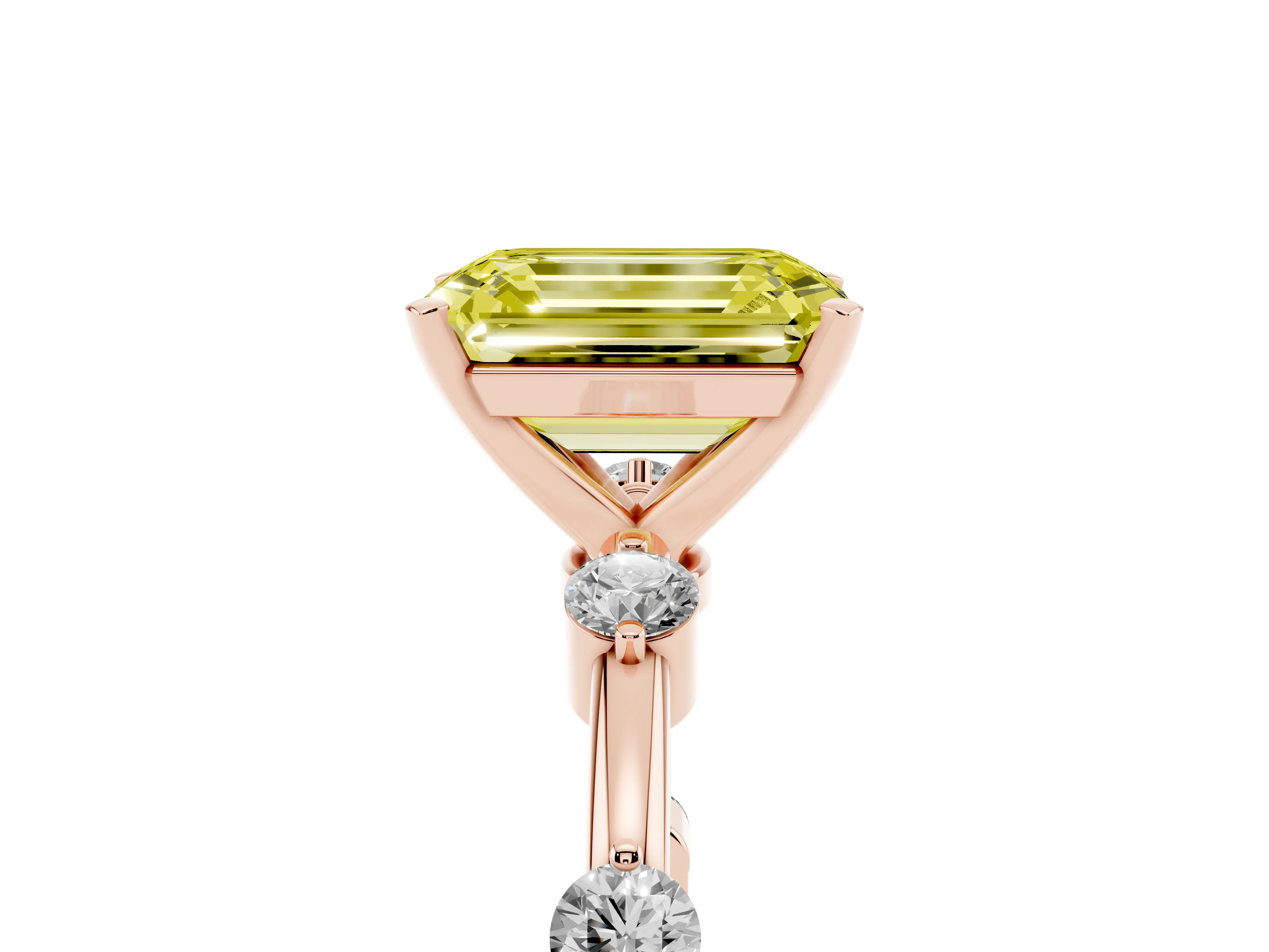 Fancy Yellow Emerald Cut Diamond Solitaire Ring Set in Rose gold with Bezel Set Side Stones and Prong Setting