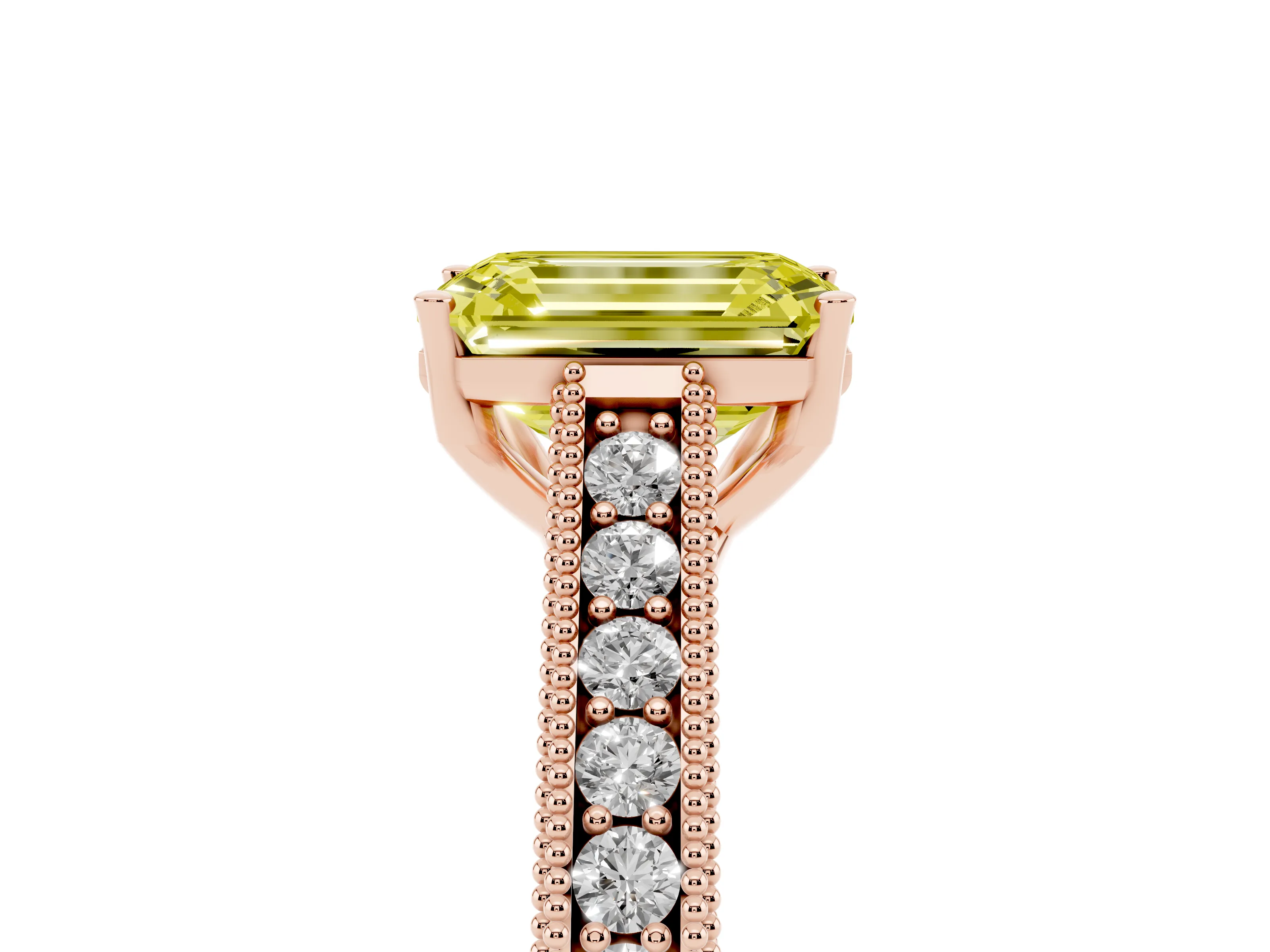 Fancy Yellow Emerald Cut Diamond Milgrain Pavé Band Solitaire Ring Set in Rose gold with Prong Setting