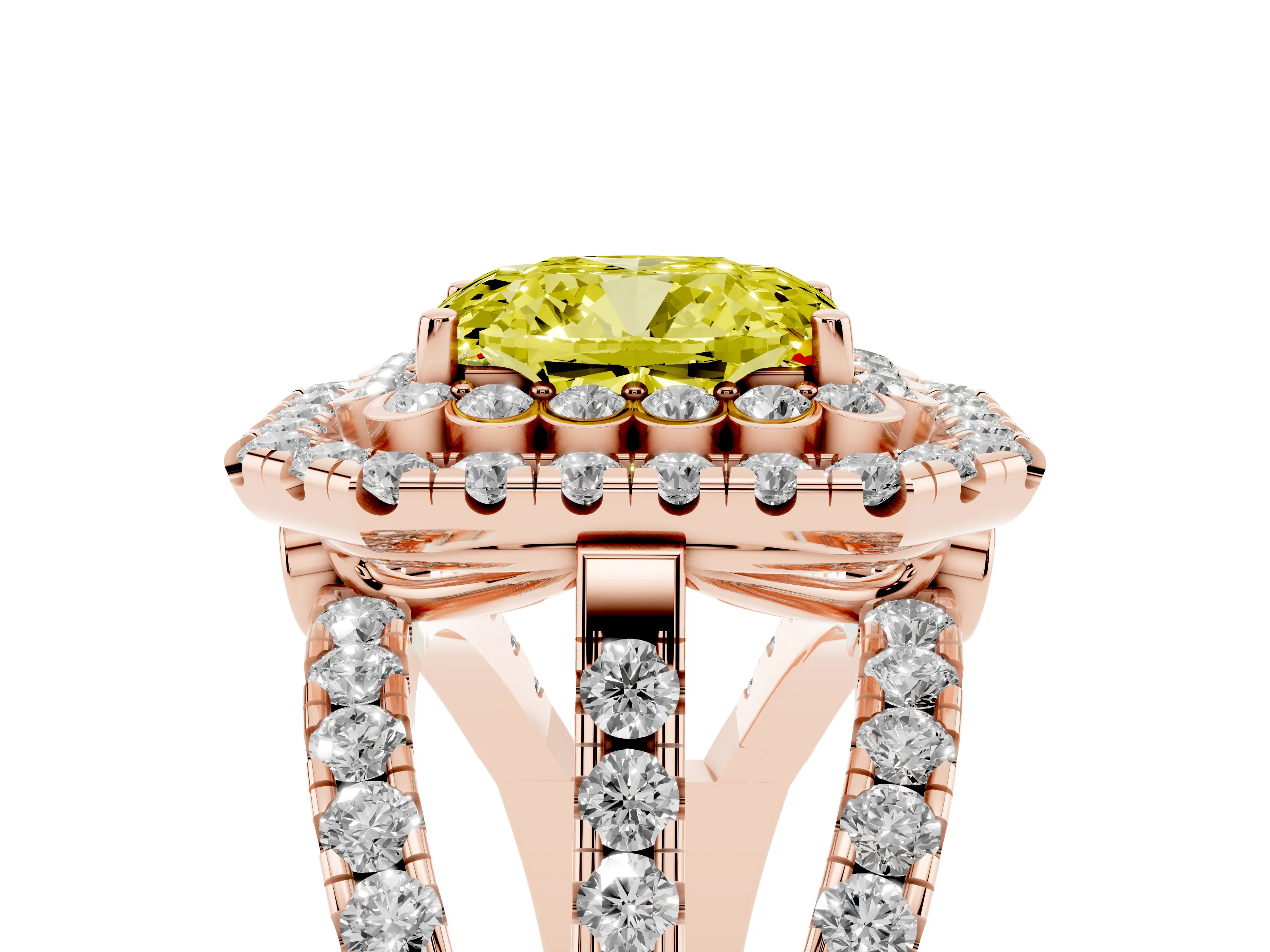 Fancy Yellow Emerald Cut Diamond Double Halo Ring Set in Rose gold with Round Pavé Split Shank