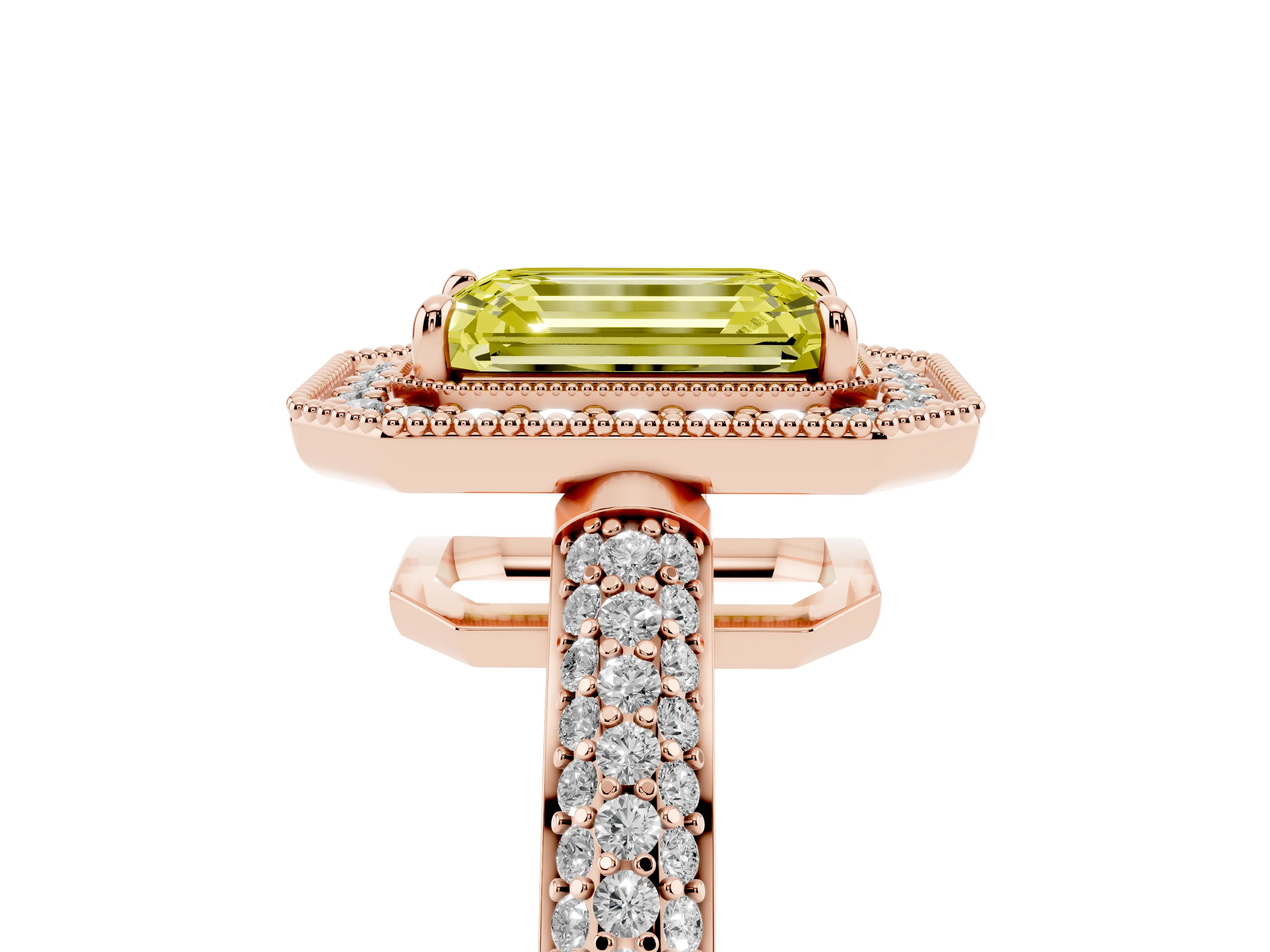 Fancy Yellow Emerald Cut Diamond Halo Pavé Band Set in Rose gold with Prong Setting